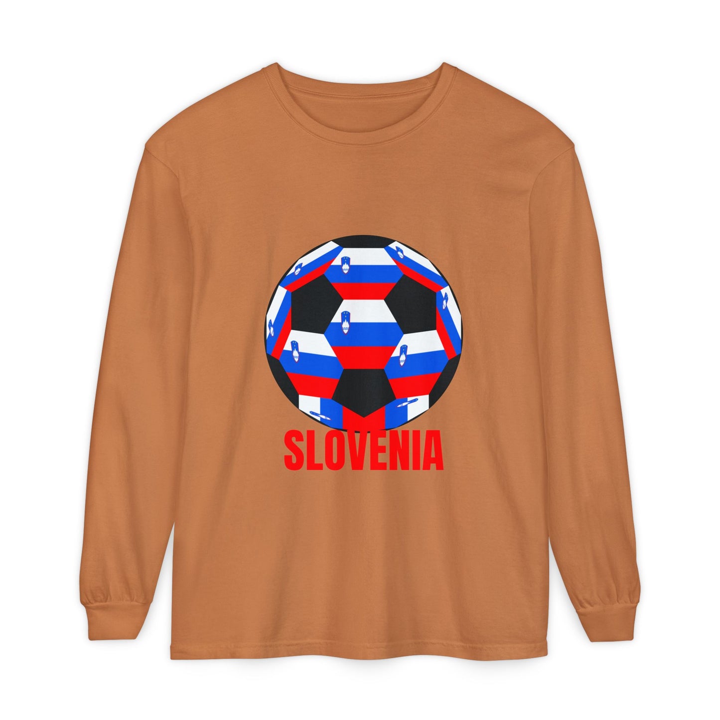 Slovenia Fan Specialty Soccer Ball Design Long Sleeve Shirt Red Text