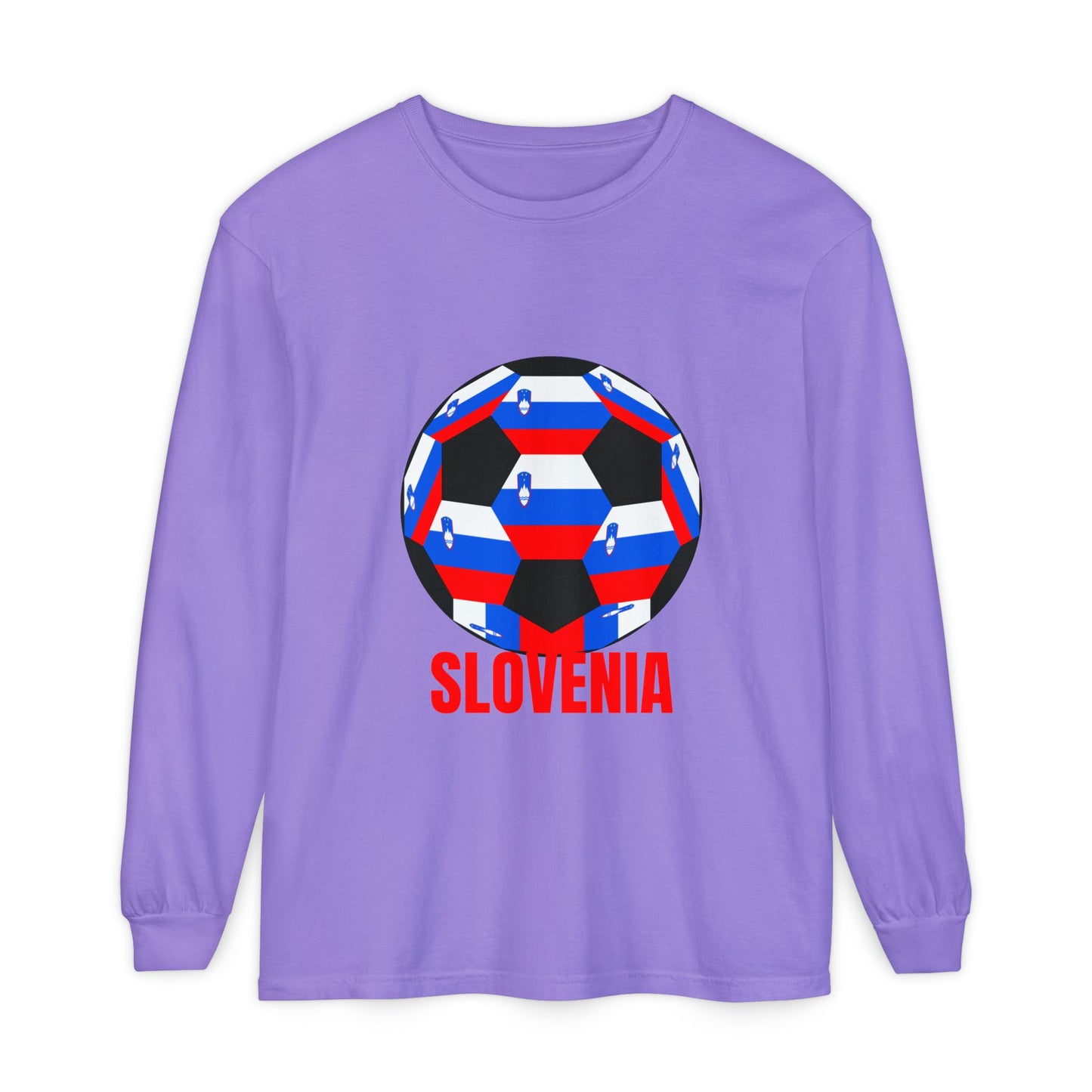 Slovenia Fan Specialty Soccer Ball Design Long Sleeve Shirt Red Text