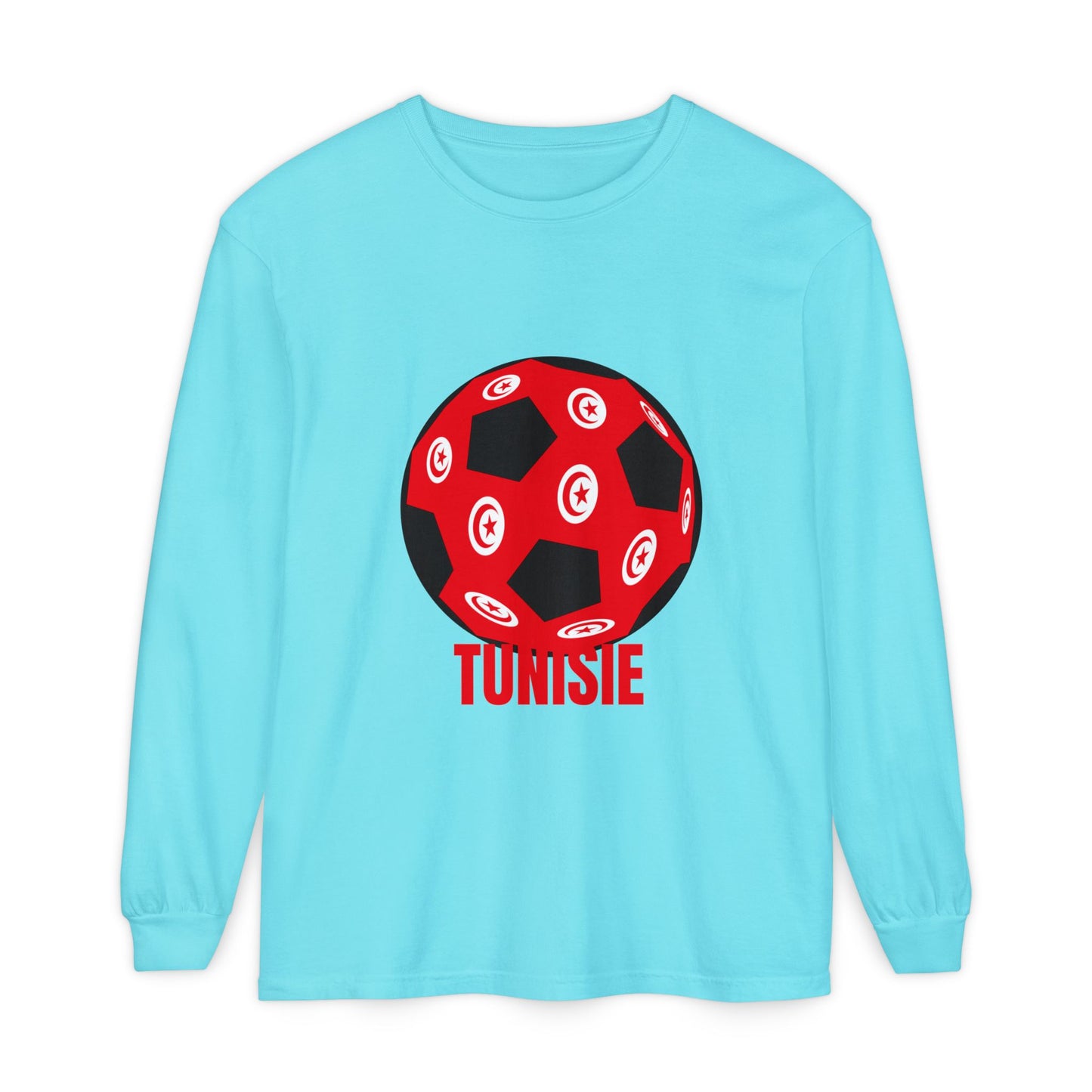 Tunisie Fan Specialty Soccer Ball Design T Shirt Long Sleeve Tee Red Text