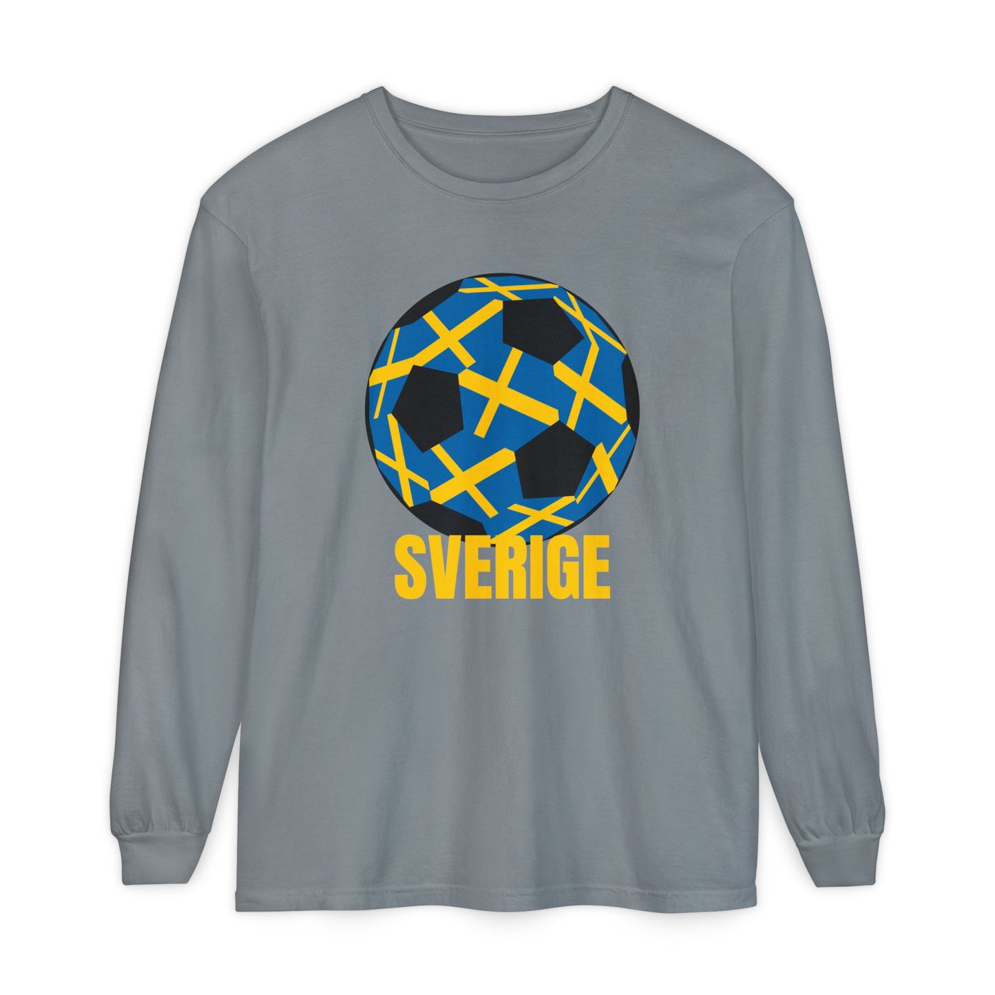 Sverige Fan Specialty Soccer Ball Design T Shirt Gold Text