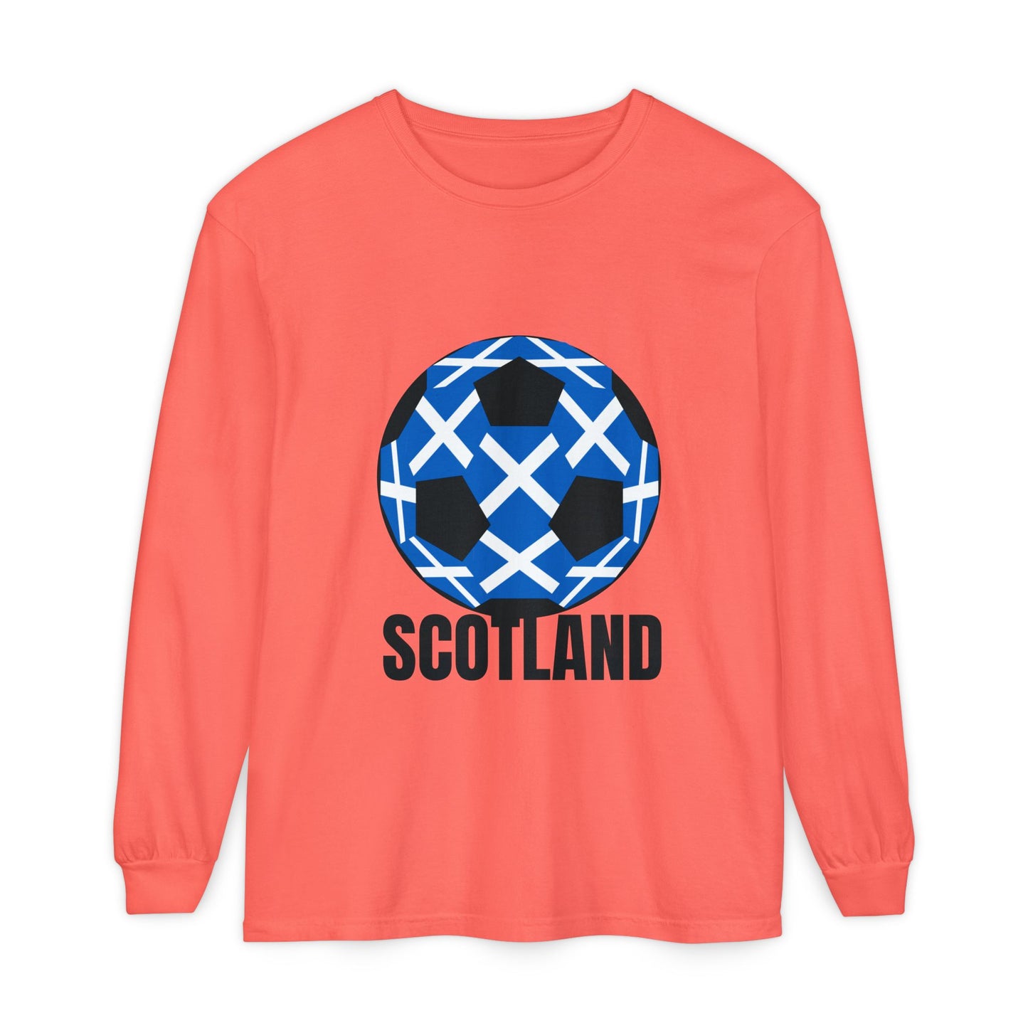 Scotland Fan Specialty Soccer Ball Design T Shirt Long Sleeve Tee Black Text