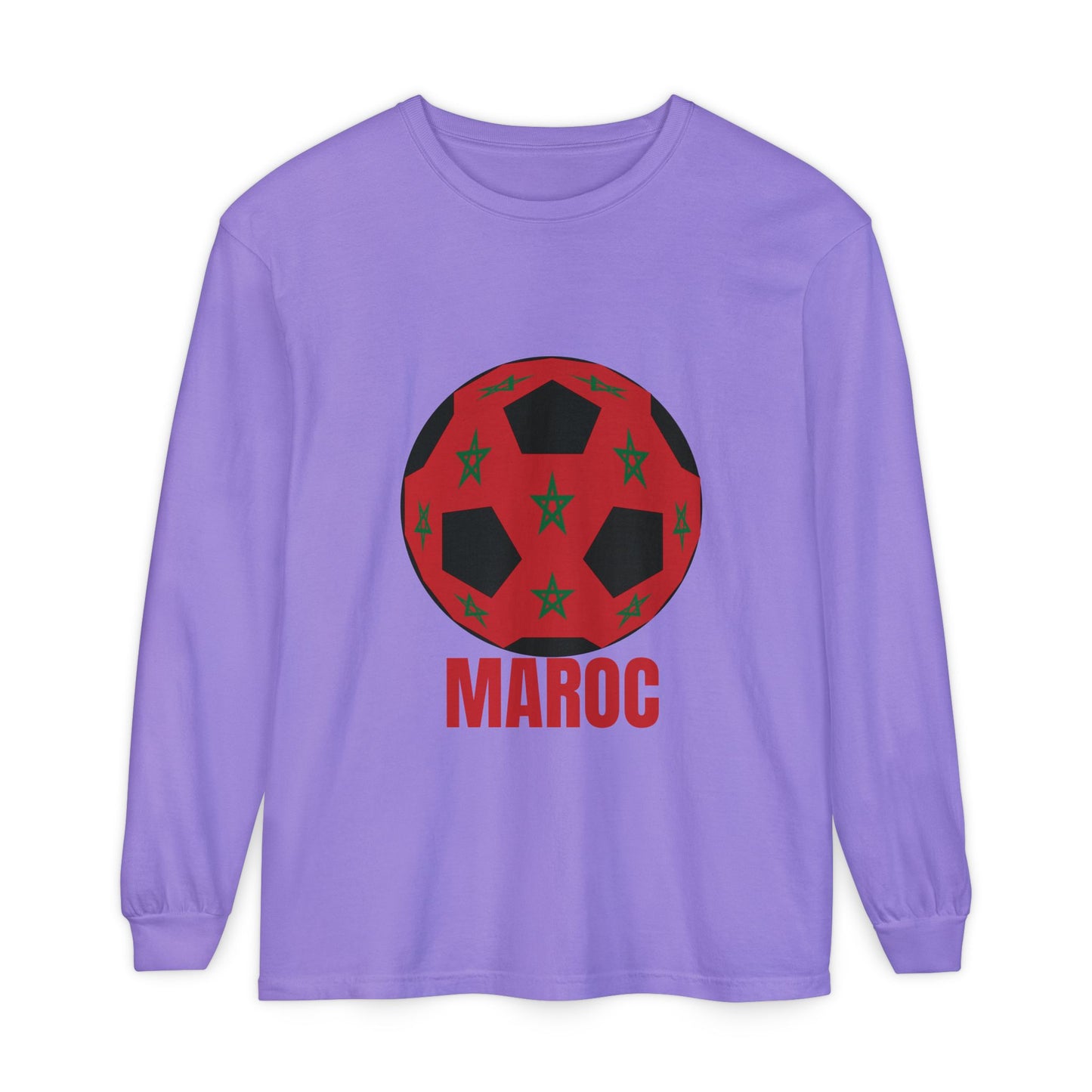 Morocco Maroc Fan Specialty Soccer Ball Design T Shirt Long Sleeve Tee Red Print