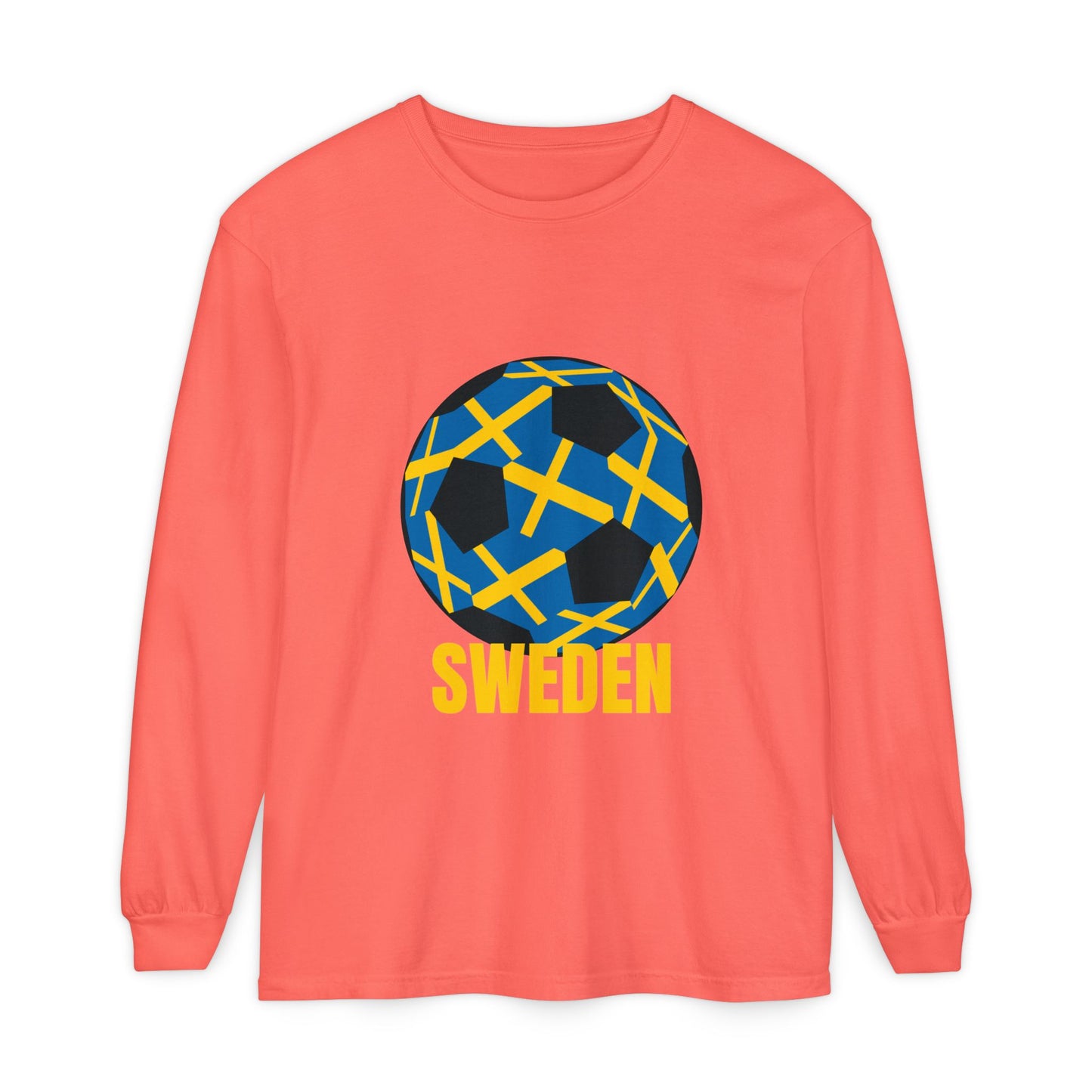 Sweden Fan Specialty Soccer Ball Design T Shirt  Long Sleeve Tee Gold Text