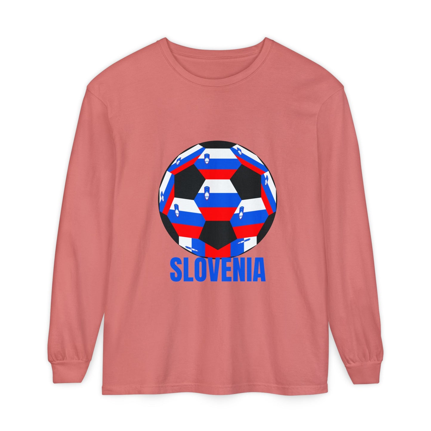 Slovenia Fan Specialty Soccer Ball Design Long Sleeve T-Shirt Blue Text