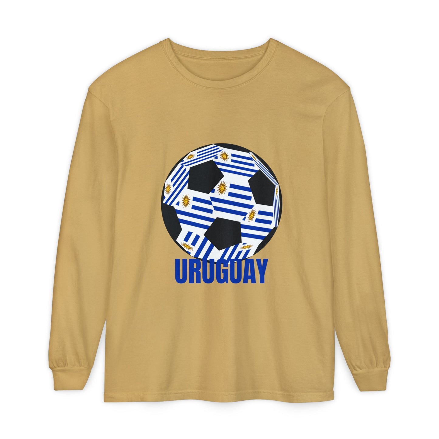 Uruguay Fan Specialty Soccer Ball Design Long Sleeve T-Shirt Blue Text