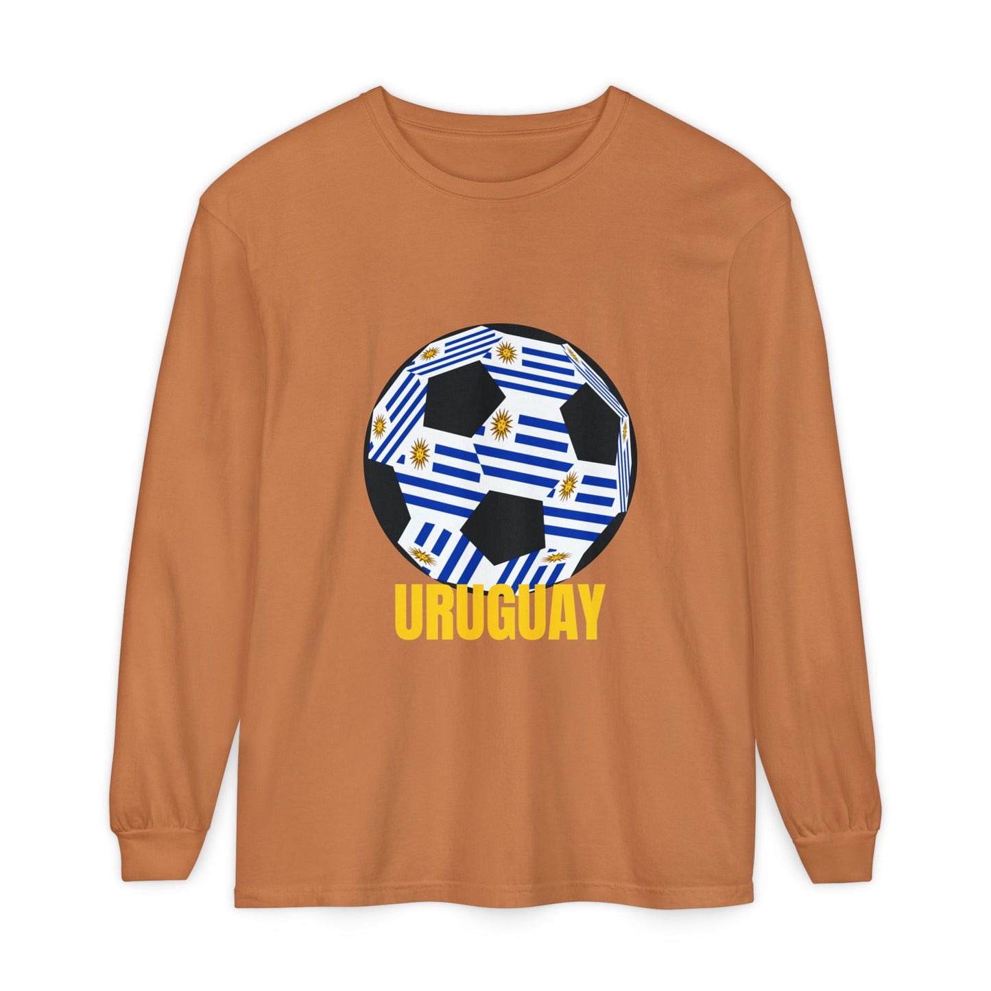 Uruguay Fan Specialty Soccer Ball Design Long Sleeve T Shirt Gold Text