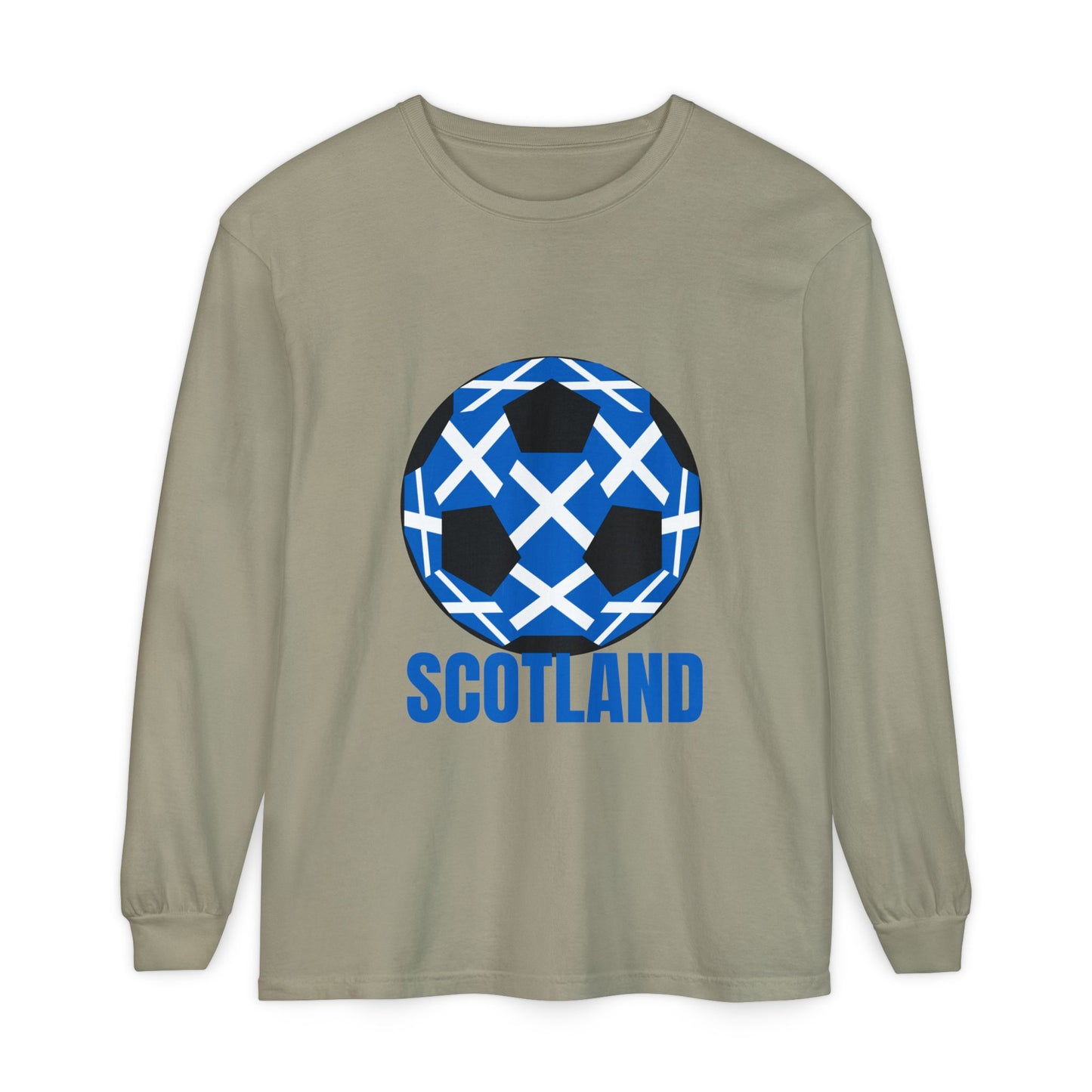 Scotland Fan Specialty Soccer Ball Design T Shirt Long Sleeve Tee Blue Text