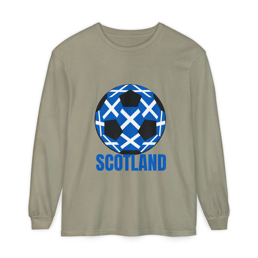 Scotland Fan Specialty Soccer Ball Design T Shirt Long Sleeve Tee Blue Text