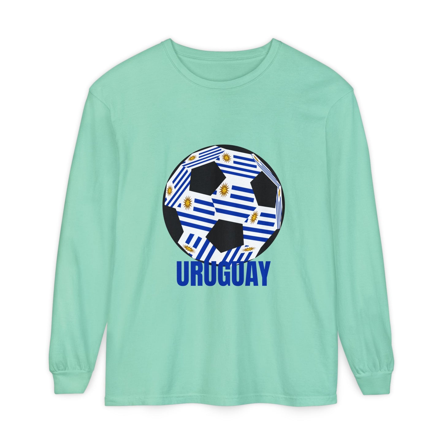 Uruguay Fan Specialty Soccer Ball Design Long Sleeve T-Shirt Blue Text