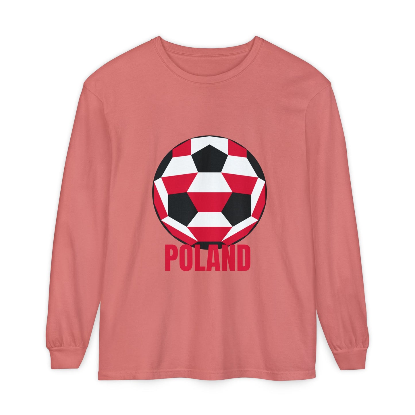 Poland Fan Specialty Soccer Ball Design T Shirt Long Sleeve T-Shirt Red Text