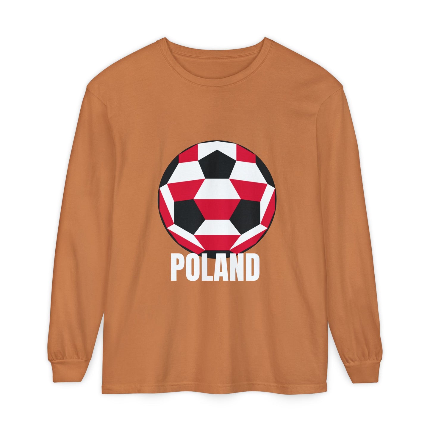 Poland Fan Specialty Soccer Ball Design T Shirt Long Sleeve Tee White Text