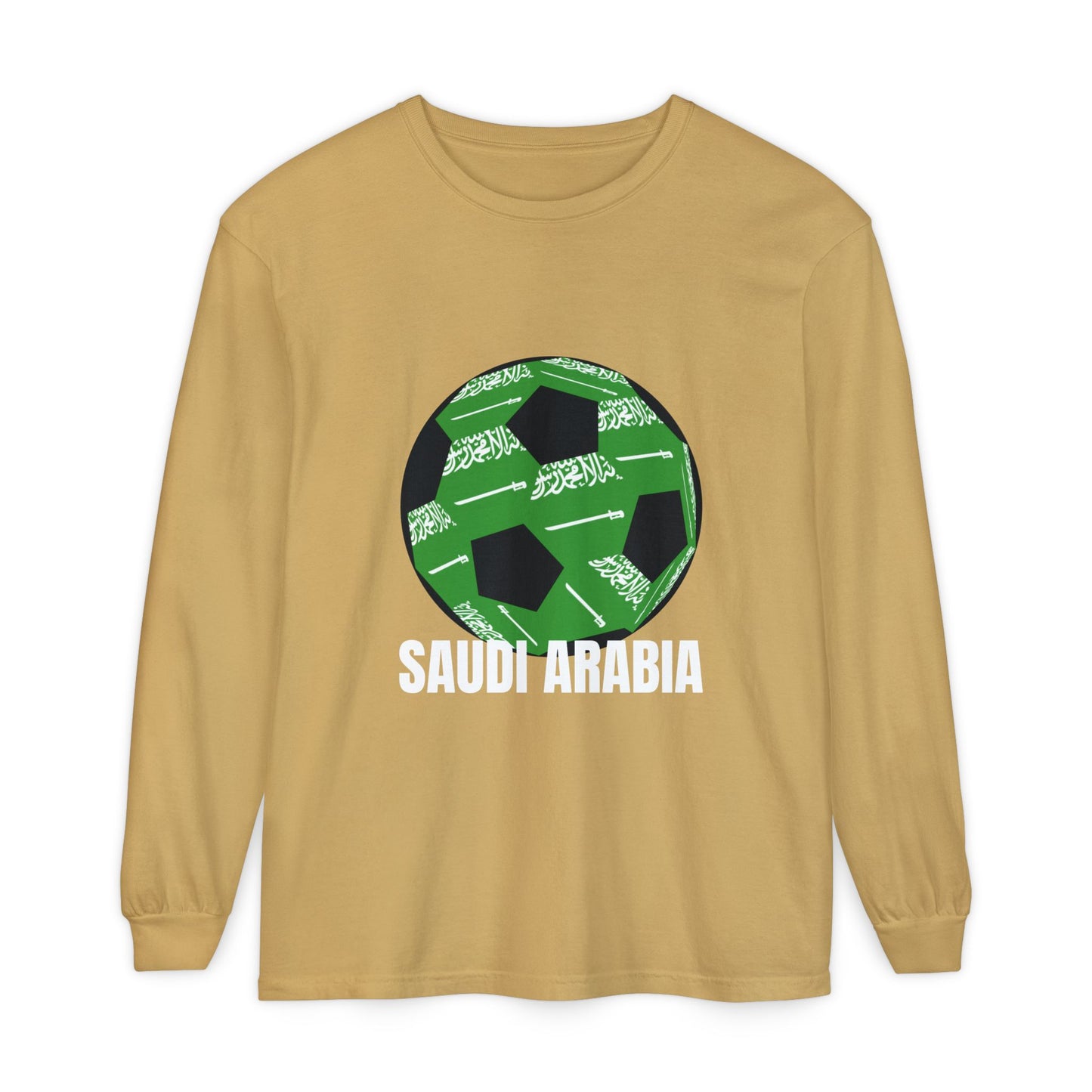 Saudi Arabia Fan Specialty Soccer Ball Design T Shirt Long Sleeve Tee White Text