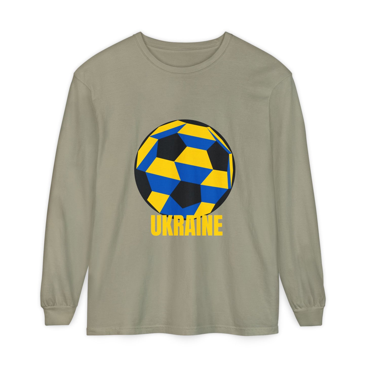 Ukraine Fan Specialty Soccer Ball Design Long Sleeve Tee Yellow Text