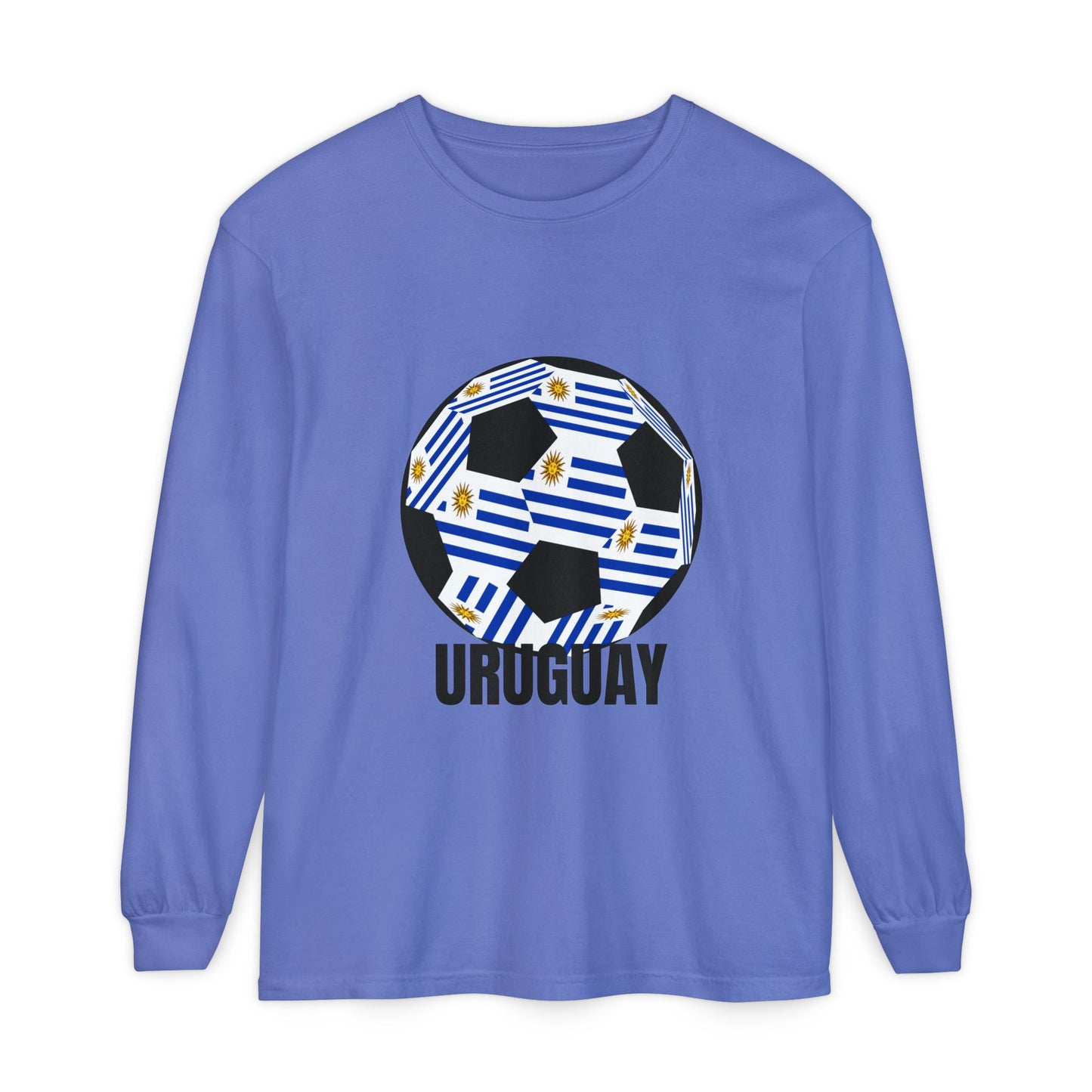 Uruguay Fan Specialty Soccer Ball Design Long Sleeve T-Shirt Black Text