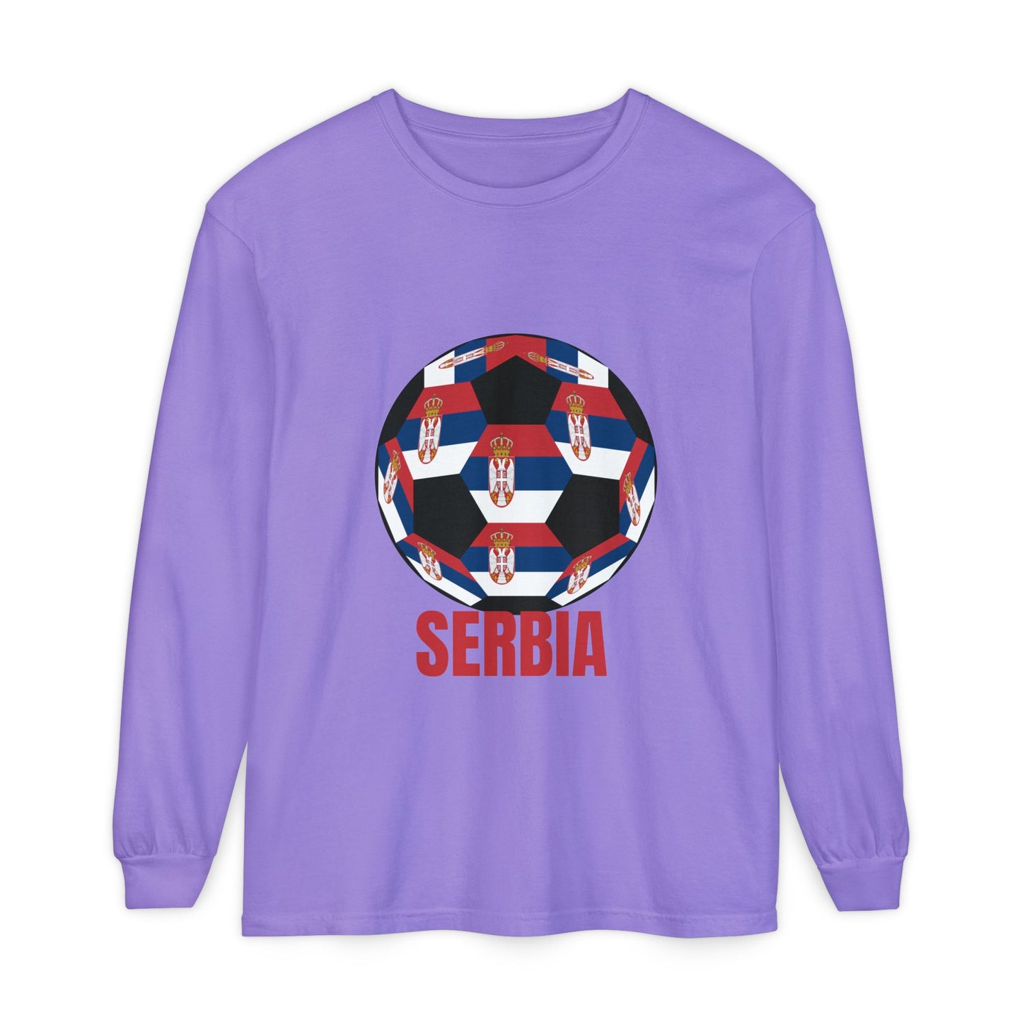 Serbia Fan Specialty Soccer Ball Design T Shirt Long Sleeve Tee Red Text