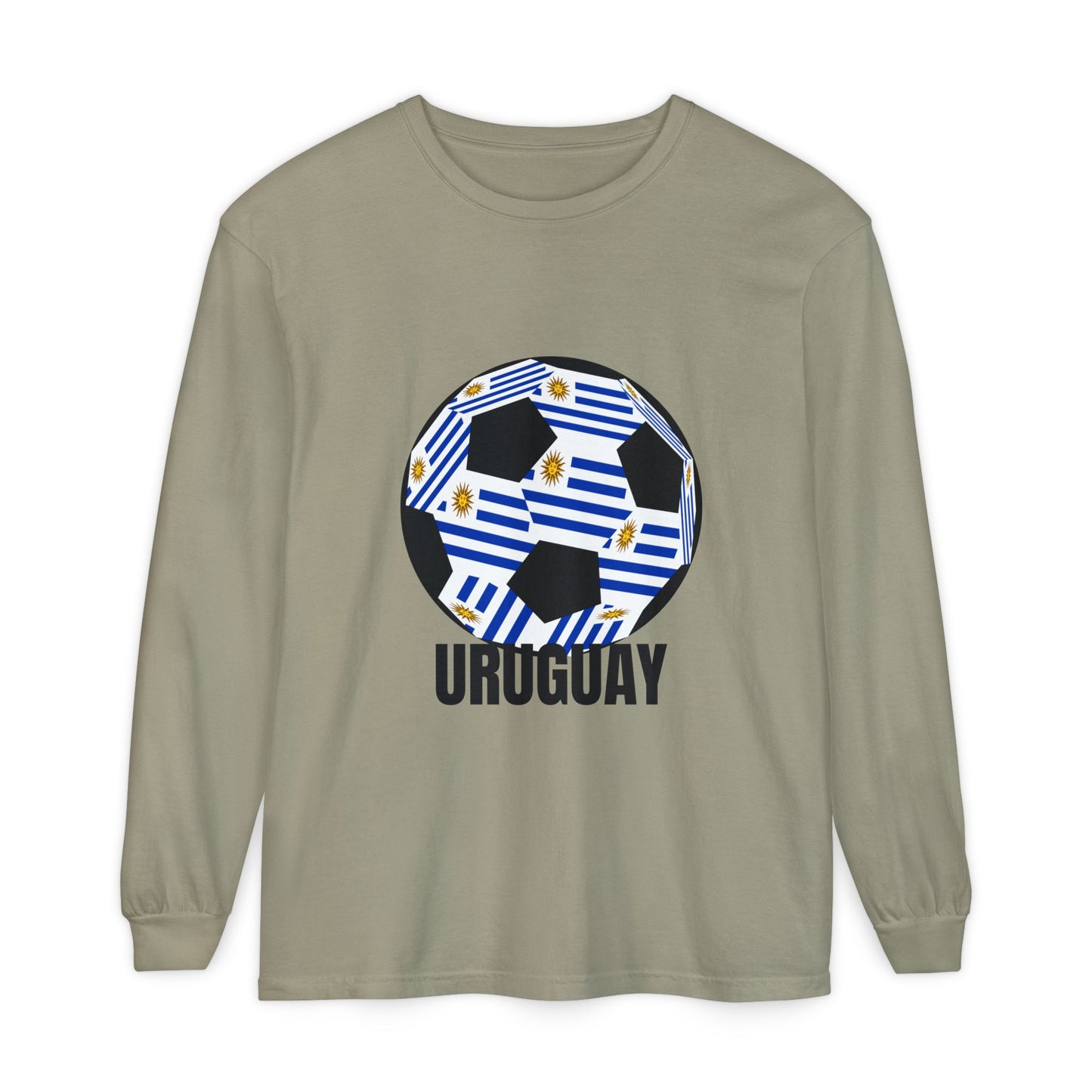 Uruguay Fan Specialty Soccer Ball Design Long Sleeve T-Shirt Black Text
