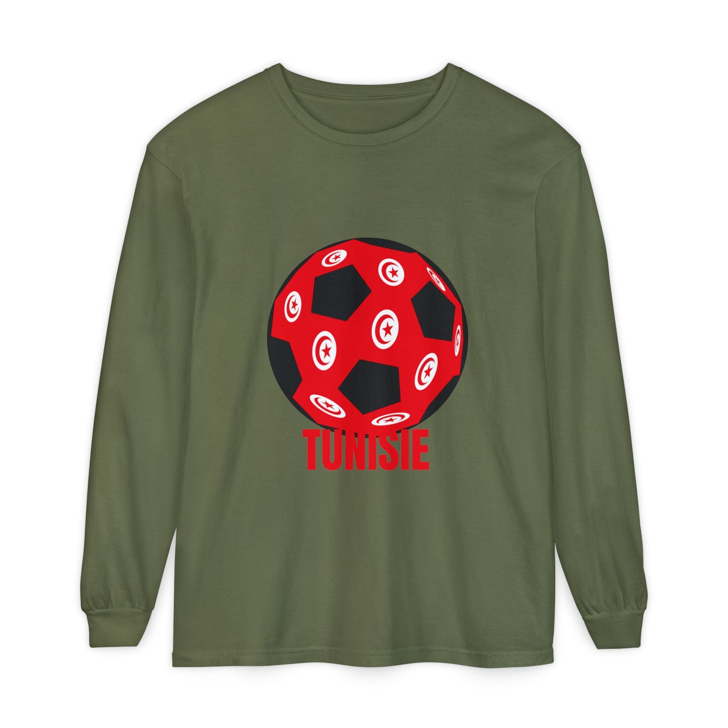 Tunisie Fan Specialty Soccer Ball Design T Shirt Long Sleeve Tee Red Text