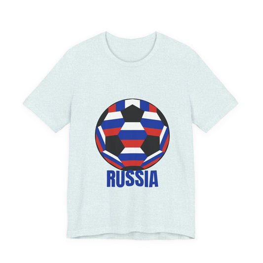 Russia Fan Specialty Soccer Ball Design T Shirt Blue Text