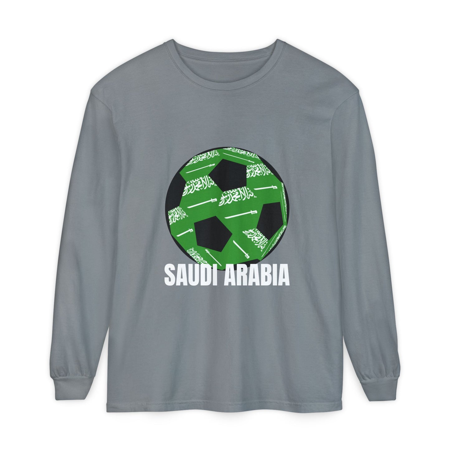 Saudi Arabia Fan Specialty Soccer Ball Design T Shirt Long Sleeve Tee White Text