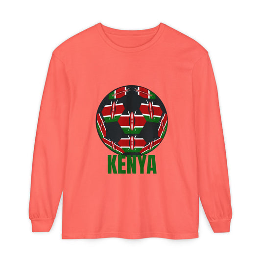 Kenya Fan Specialty Soccer Ball Design T Shirt Long Sleeve Tee Green Text