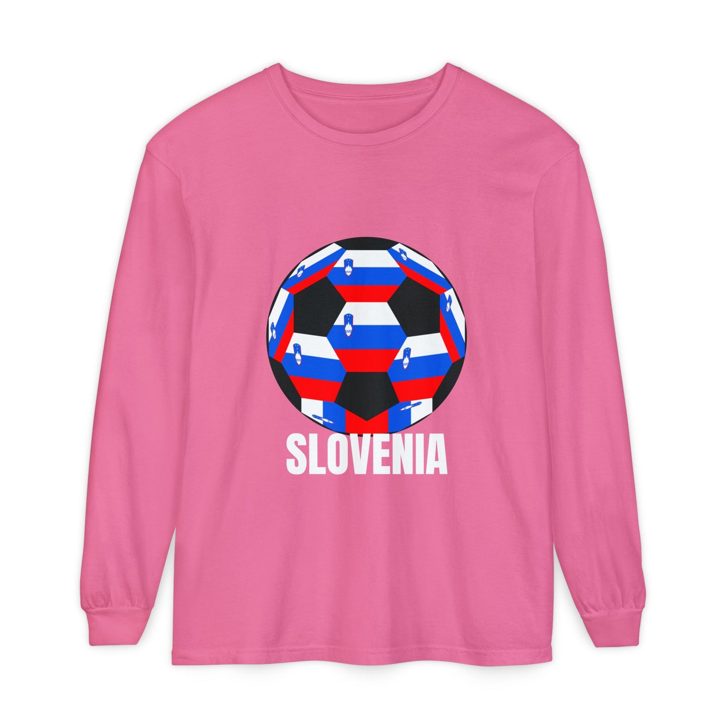 Slovenia Fan Specialty Soccer Ball Design T Shirt Long Sleeve Shirt White Text