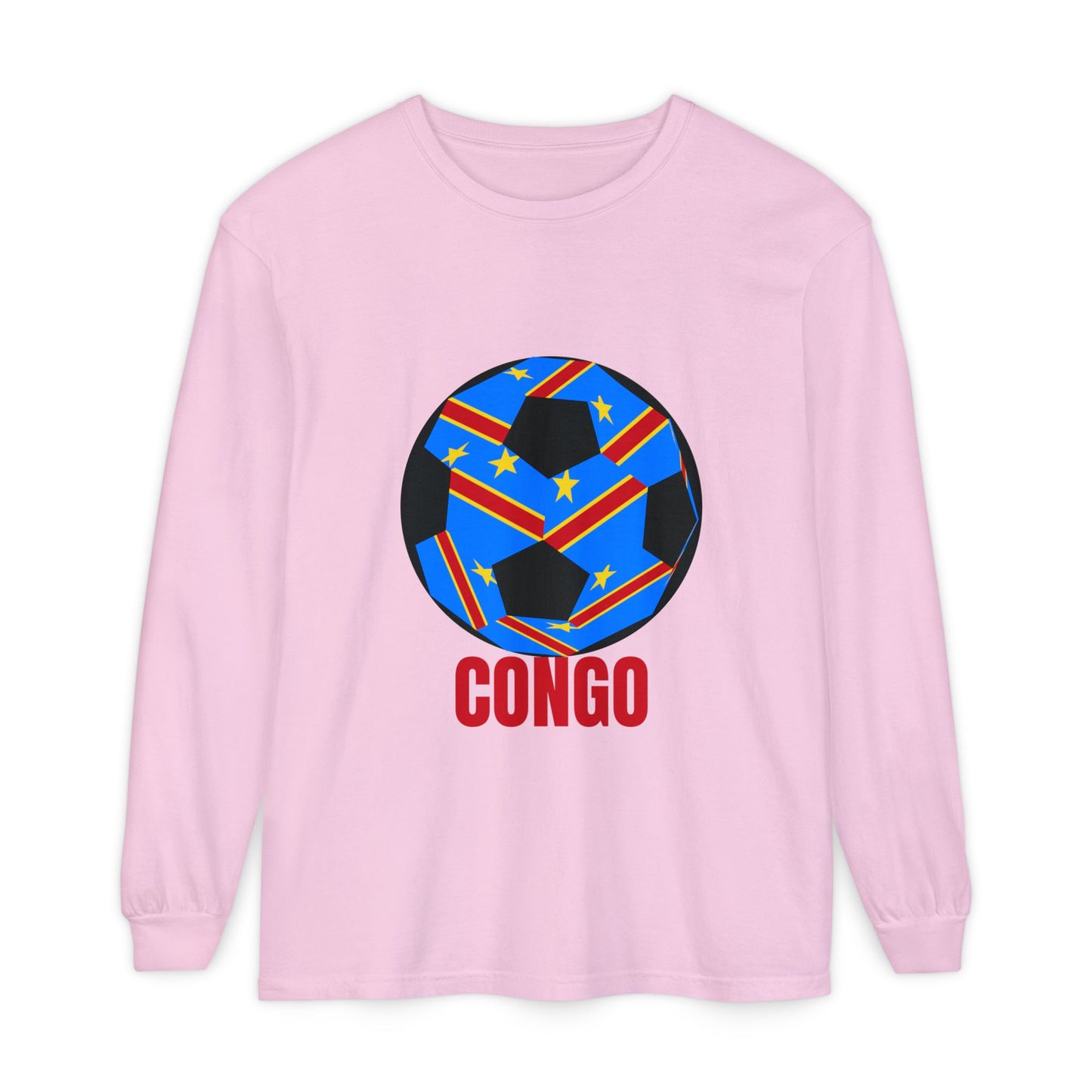 Congo Fan Specialty Soccer Ball Design T Shirt Long Sleeve Tee Red Text