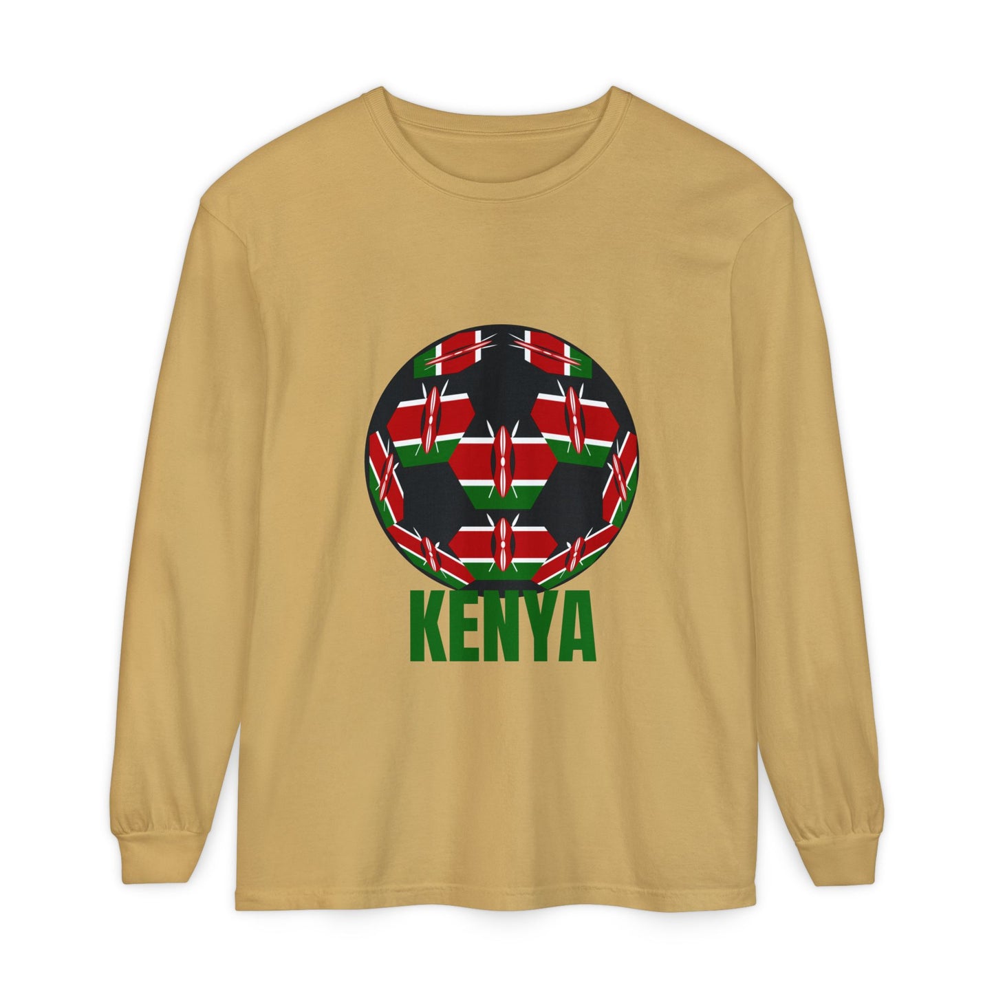 Kenya Fan Specialty Soccer Ball Design T Shirt Long Sleeve Tee Green Text
