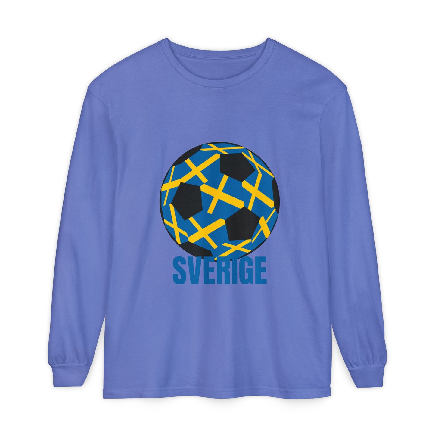 Sverige Fan Specialty Soccer Ball Design T Shirt Blue Text