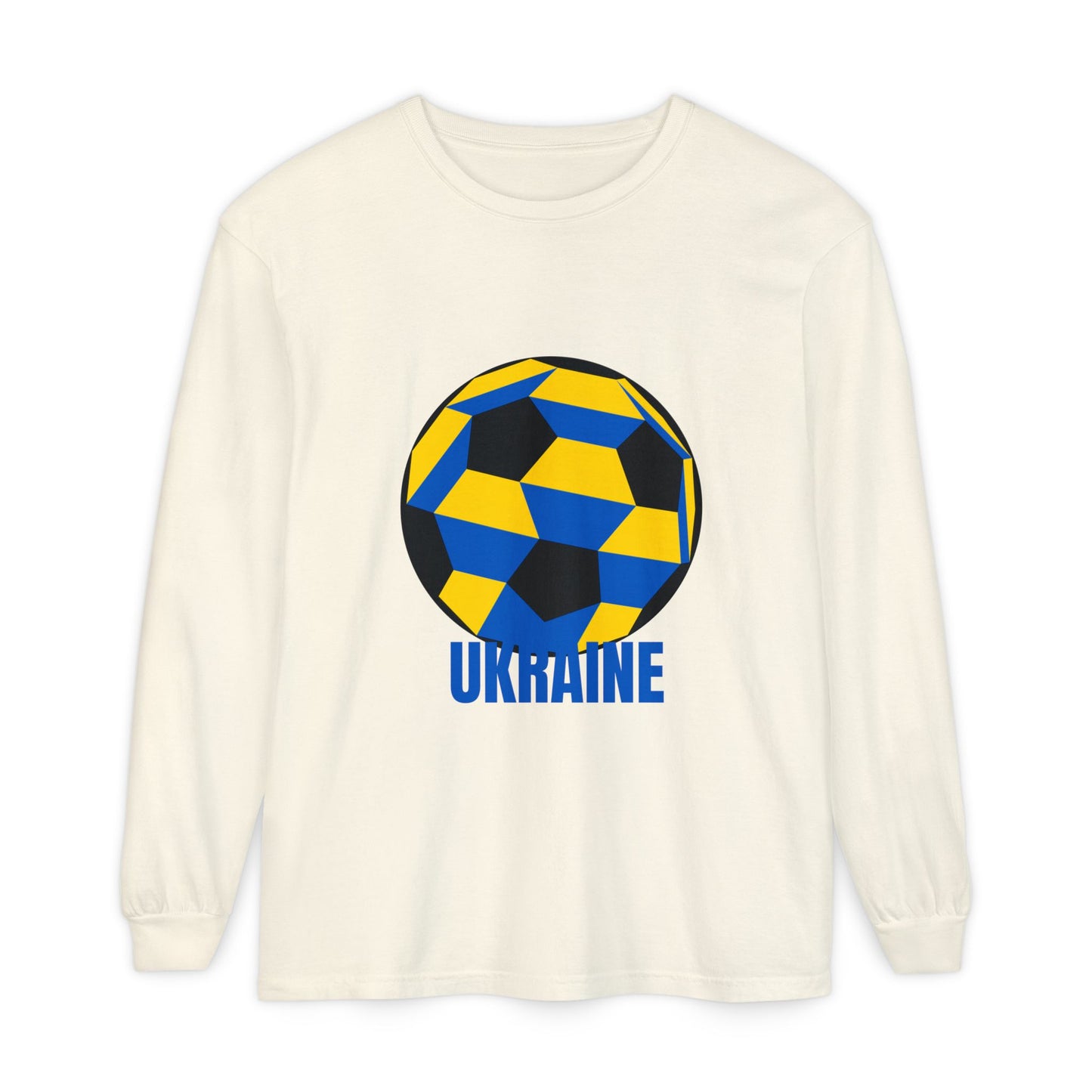 Ukraine Fan Specialty Soccer Ball Design Long Sleeve Tee Blue Text