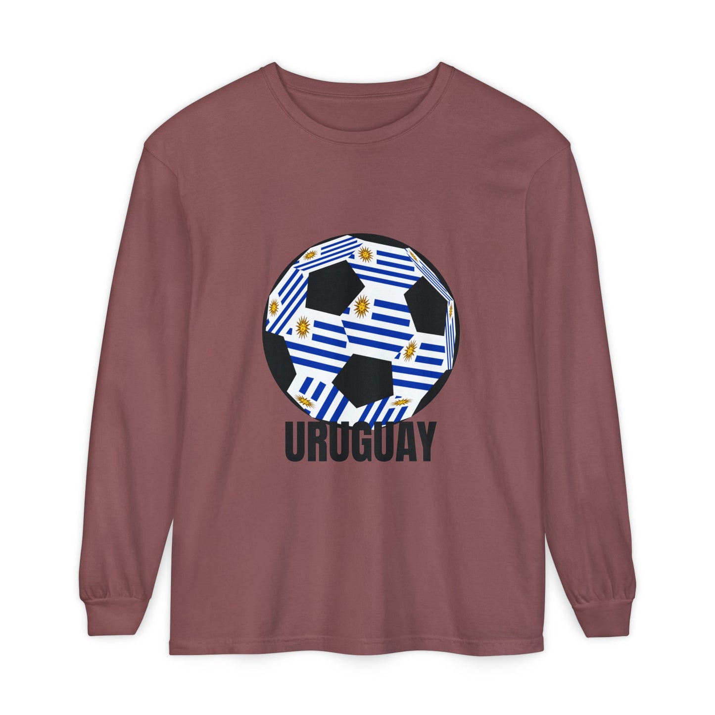 Uruguay Fan Specialty Soccer Ball Design Long Sleeve T-Shirt Black Text