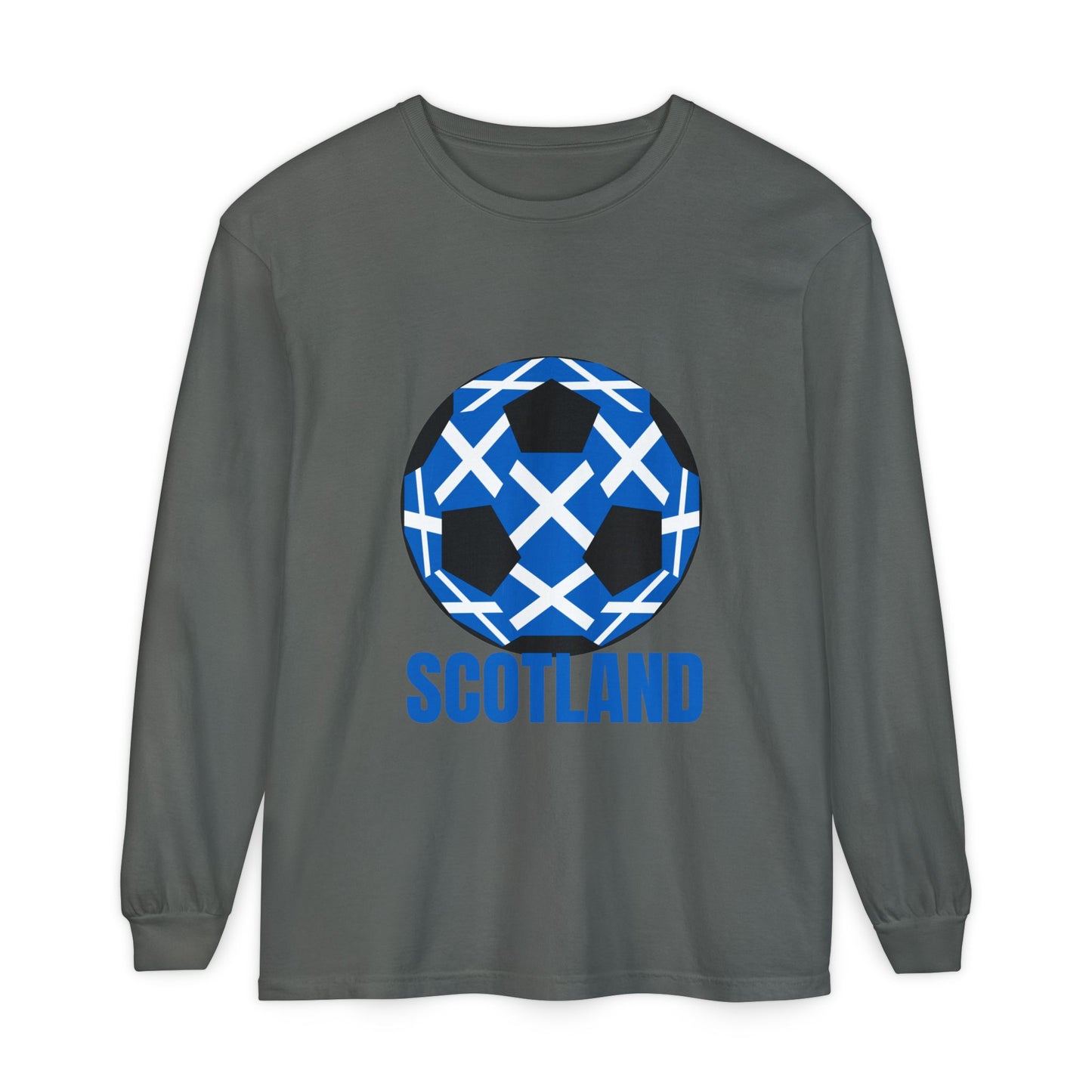 Scotland Fan Specialty Soccer Ball Design T Shirt Long Sleeve Tee Blue Text