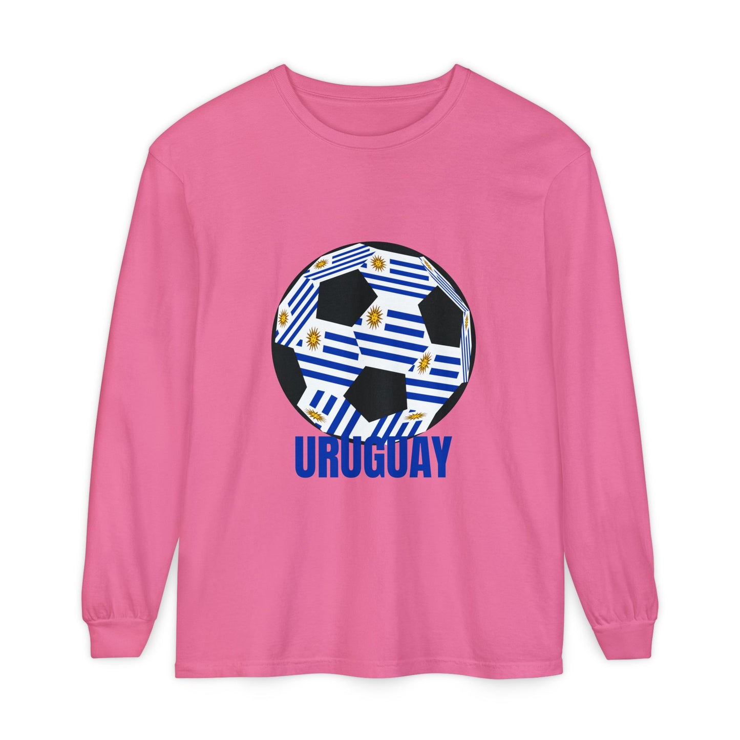 Uruguay Fan Specialty Soccer Ball Design Long Sleeve T-Shirt Blue Text