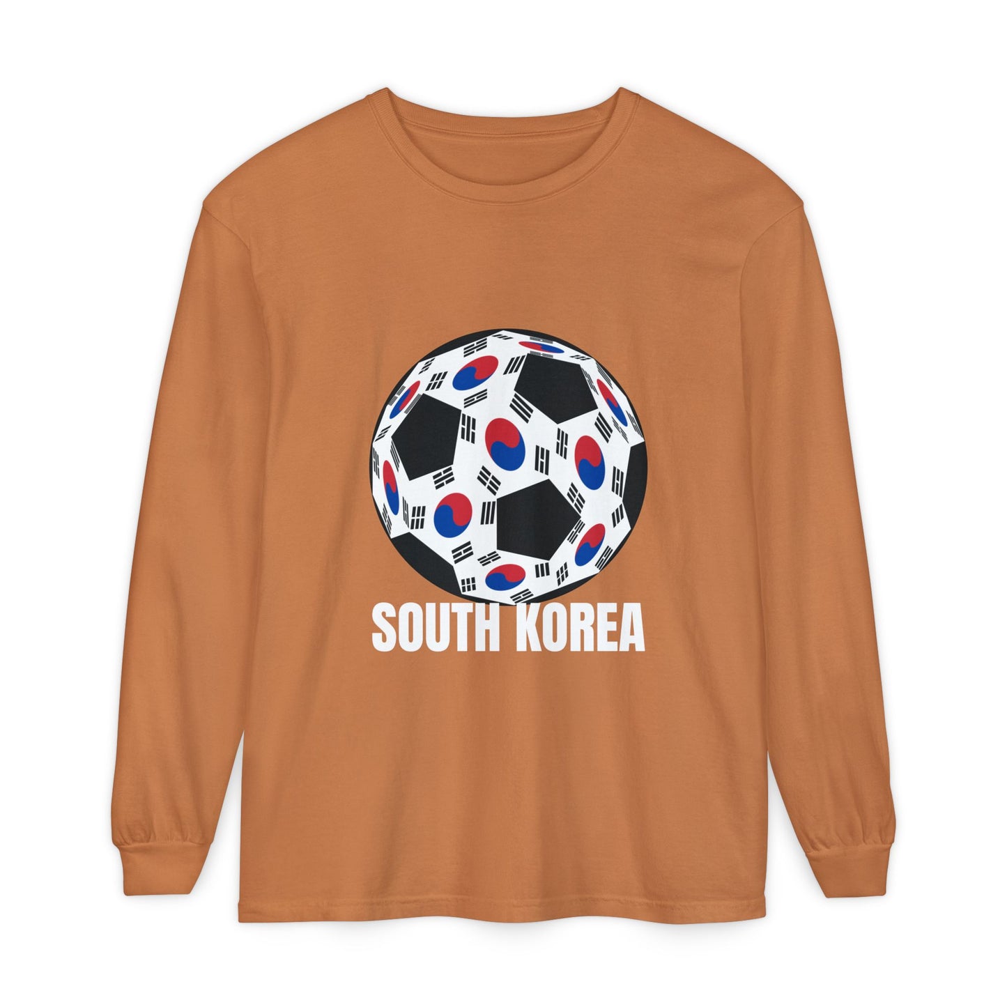 South Korea Fan Specialty Soccer Ball Design T Shirt Long Sleeve Tee White Text