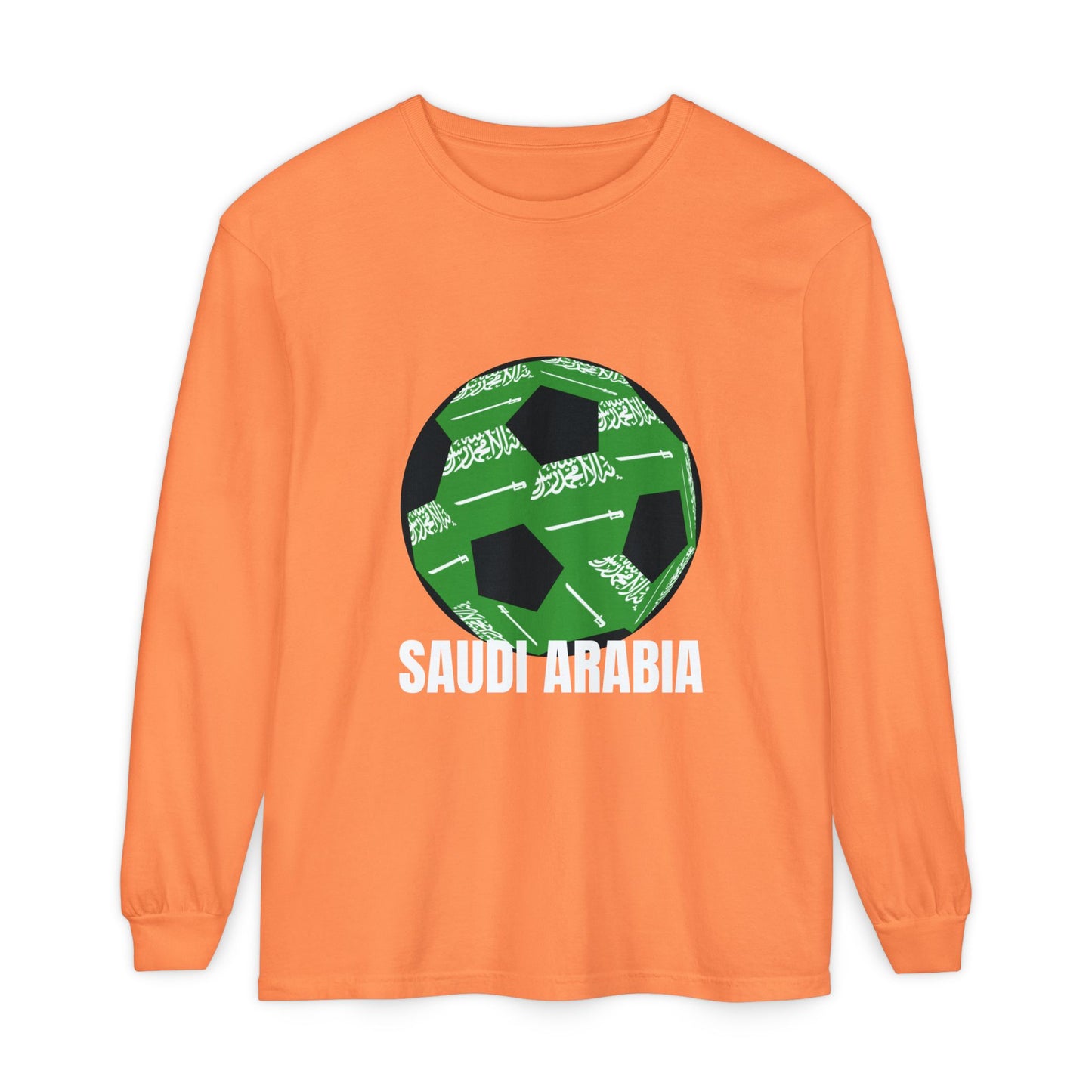Saudi Arabia Fan Specialty Soccer Ball Design T Shirt Long Sleeve Tee White Text