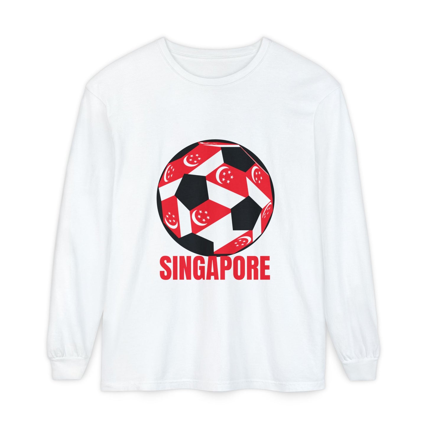 Singapore Fan Specialty Soccer Ball Design T ShirtLong Sleeve Tee Red Text