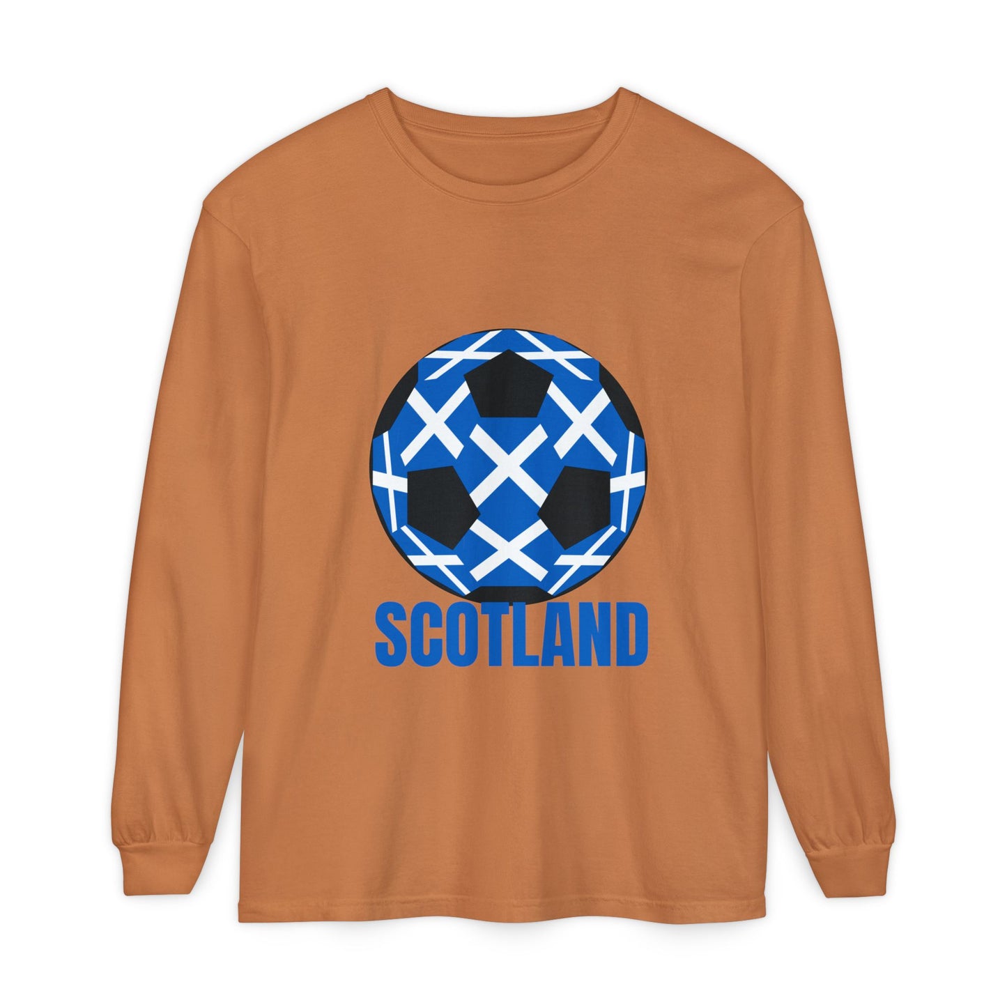 Scotland Fan Specialty Soccer Ball Design T Shirt Long Sleeve Tee Blue Text