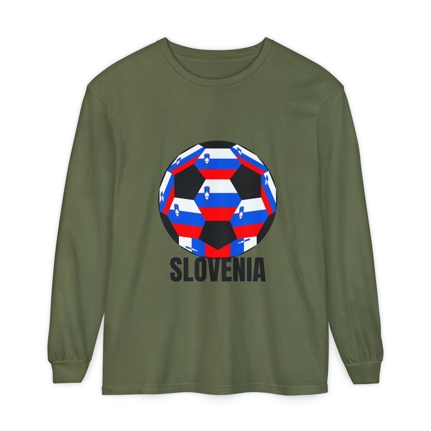 Slovenia Fan Specialty Soccer Ball Design Long Sleeve Tee Black Text