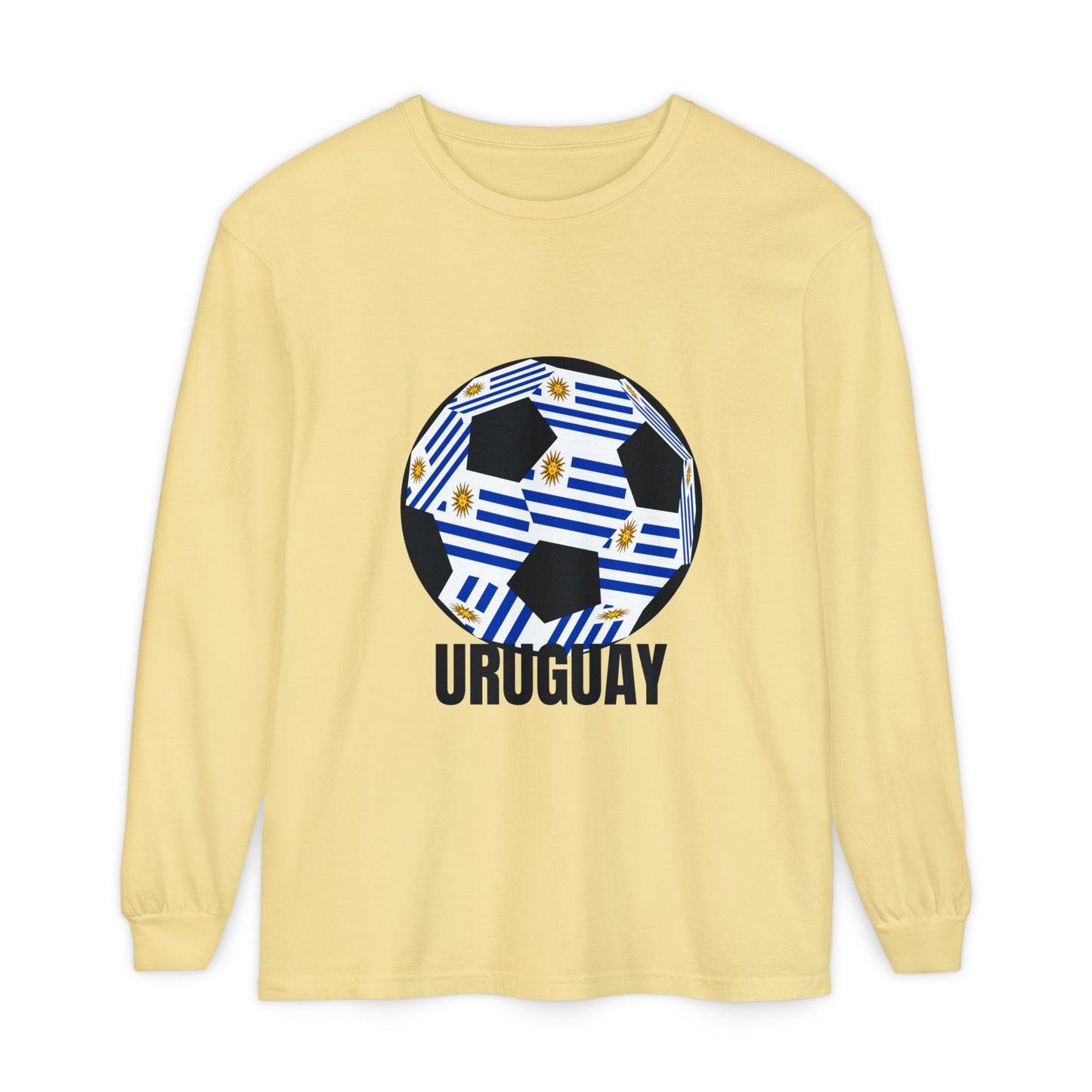 Uruguay Fan Specialty Soccer Ball Design Long Sleeve T-Shirt Black Text
