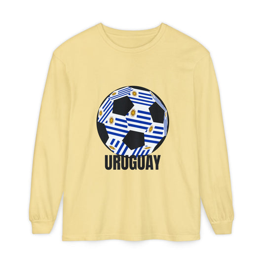 Uruguay Fan Specialty Soccer Ball Design Long Sleeve T-Shirt Black Text