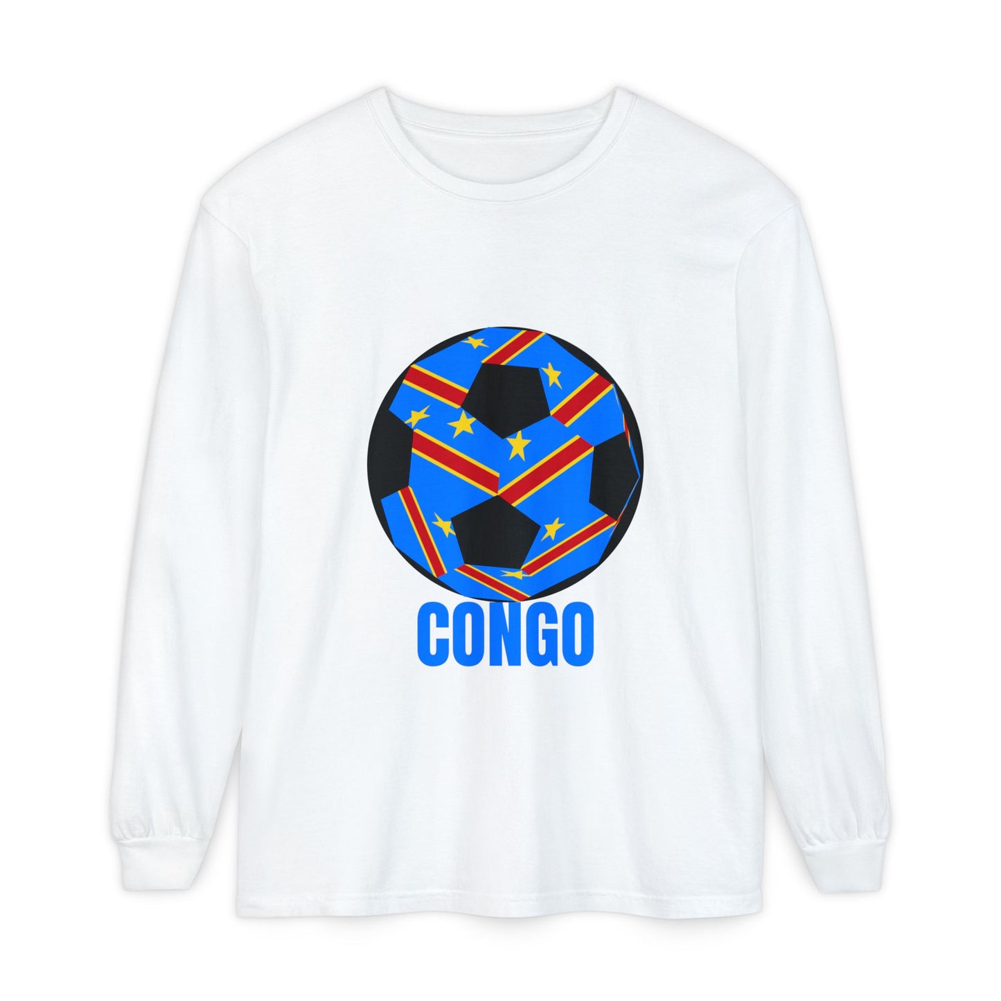 Congo Fan Specialty Soccer Ball Design T Shirt Long Sleeve Tee Blue Text