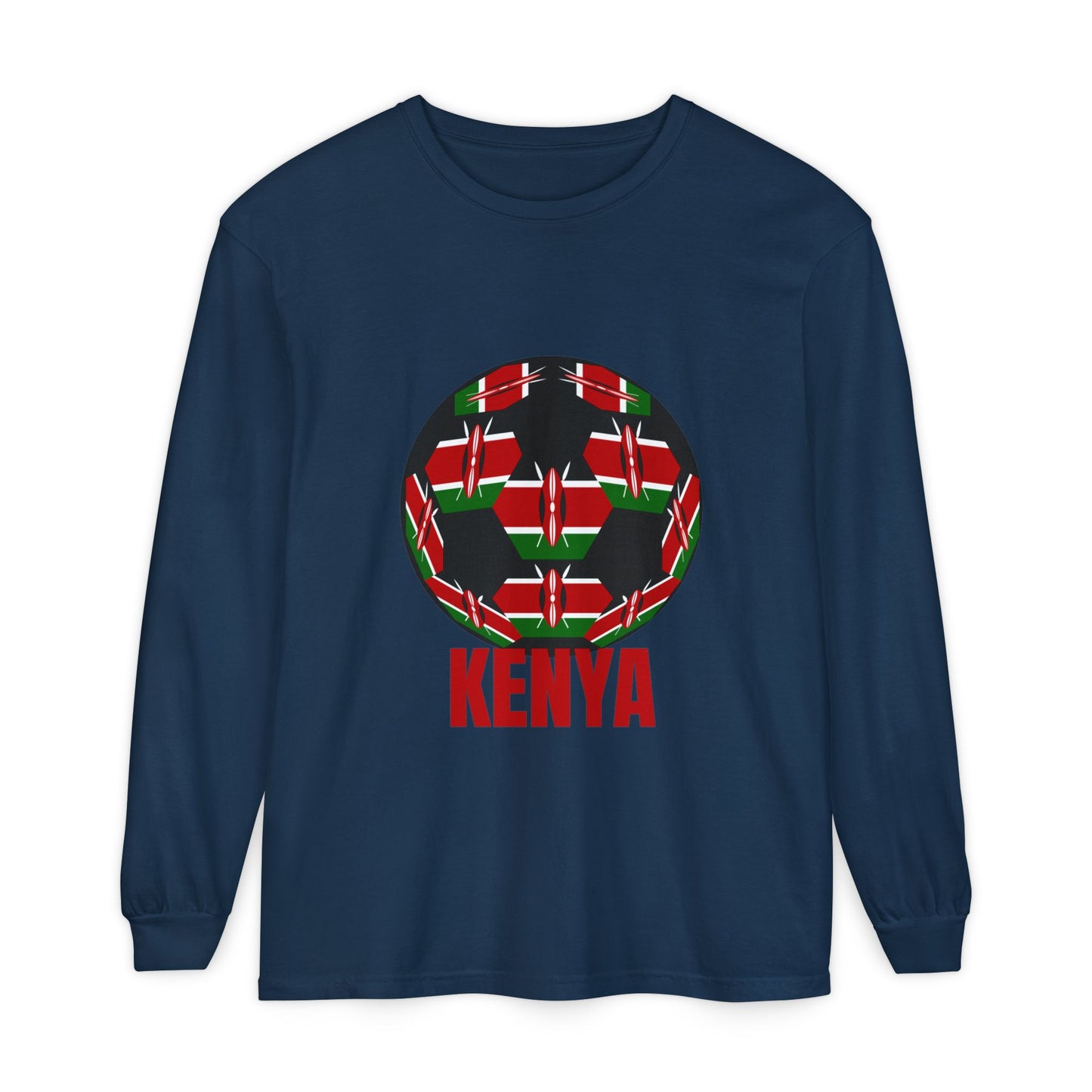 Kenya Fan Specialty Soccer Ball Design T Shirt Long Sleeve Red Text