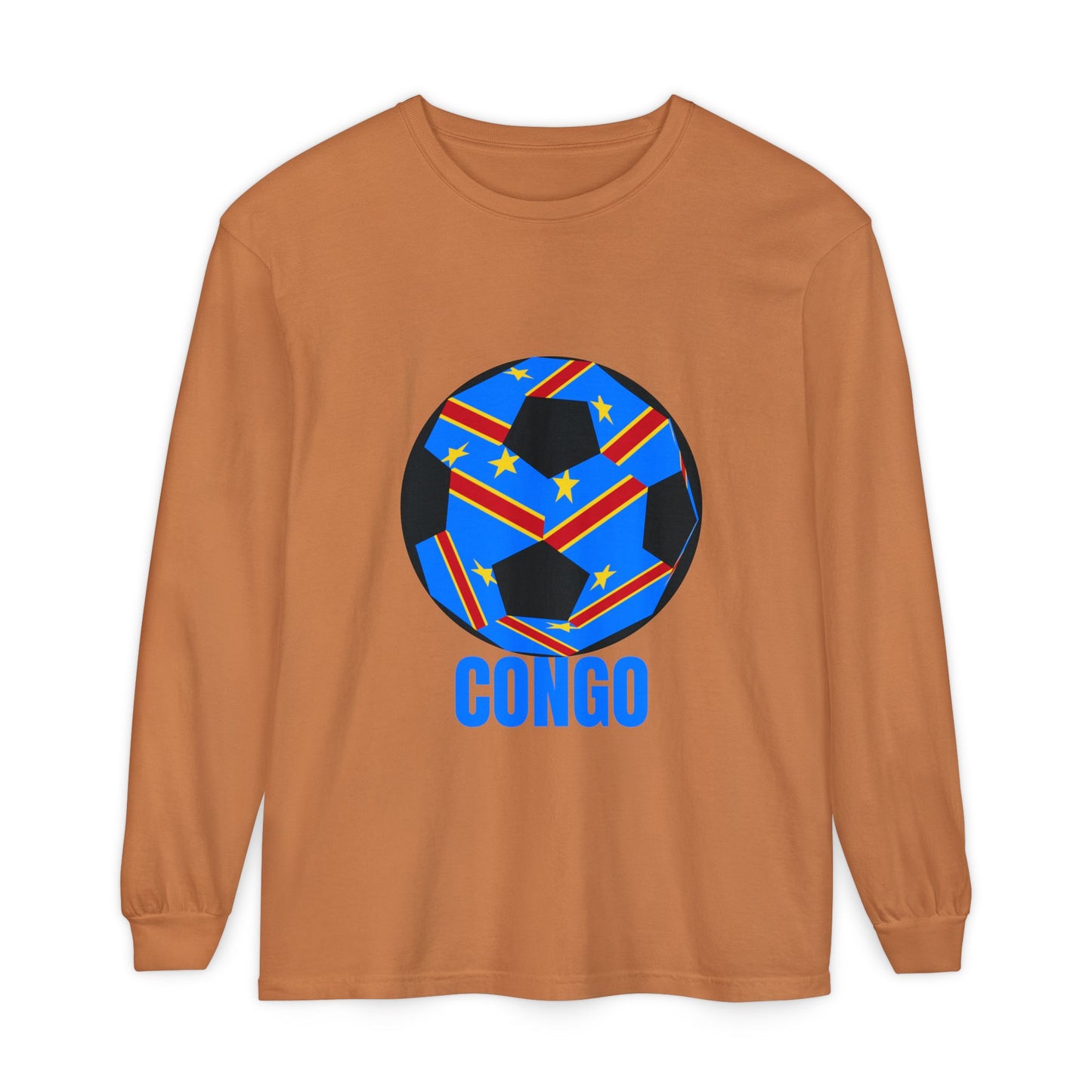 Congo Fan Specialty Soccer Ball Design T Shirt Long Sleeve Tee Blue Text