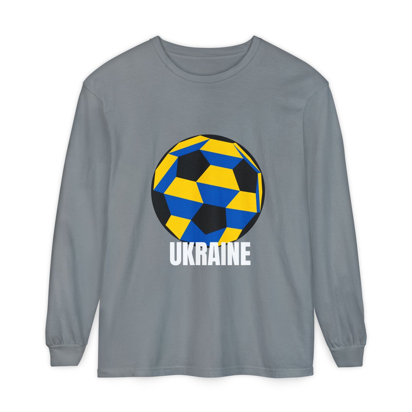Ukraine Fan Specialty Soccer Ball Design Long Sleeve Tee White Text