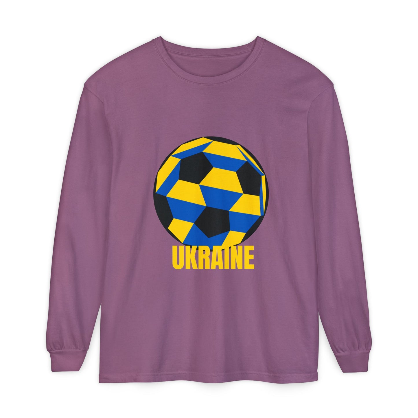 Ukraine Fan Specialty Soccer Ball Design Long Sleeve Tee Yellow Text