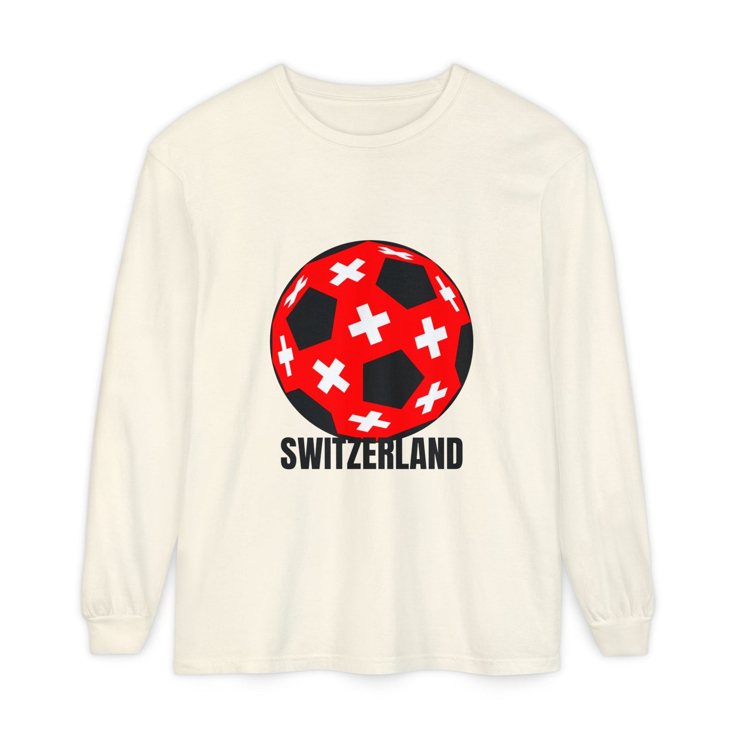 Switzerland Fan Specialty Soccer Ball Design T Shirt Long Sleeve Tee Black Text