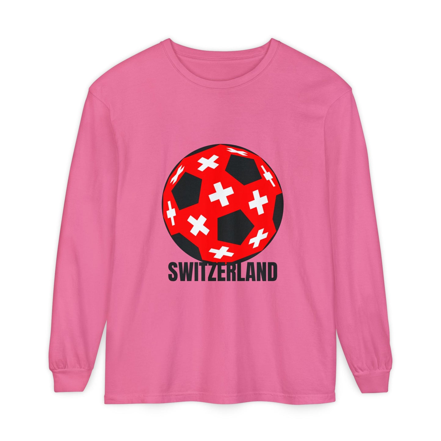 Switzerland Fan Specialty Soccer Ball Design T Shirt Long Sleeve Tee Black Text