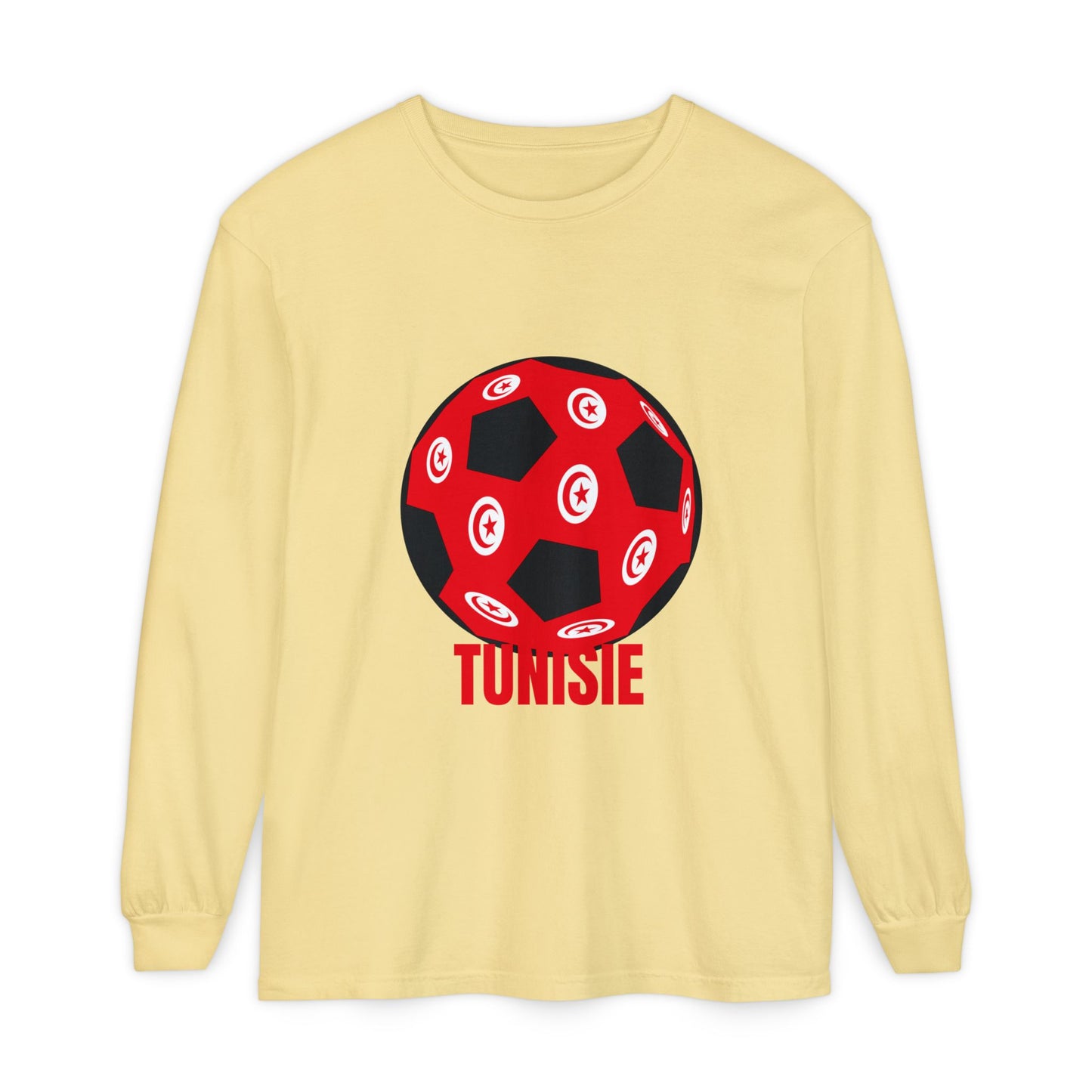 Tunisie Fan Specialty Soccer Ball Design T Shirt Long Sleeve Tee Red Text