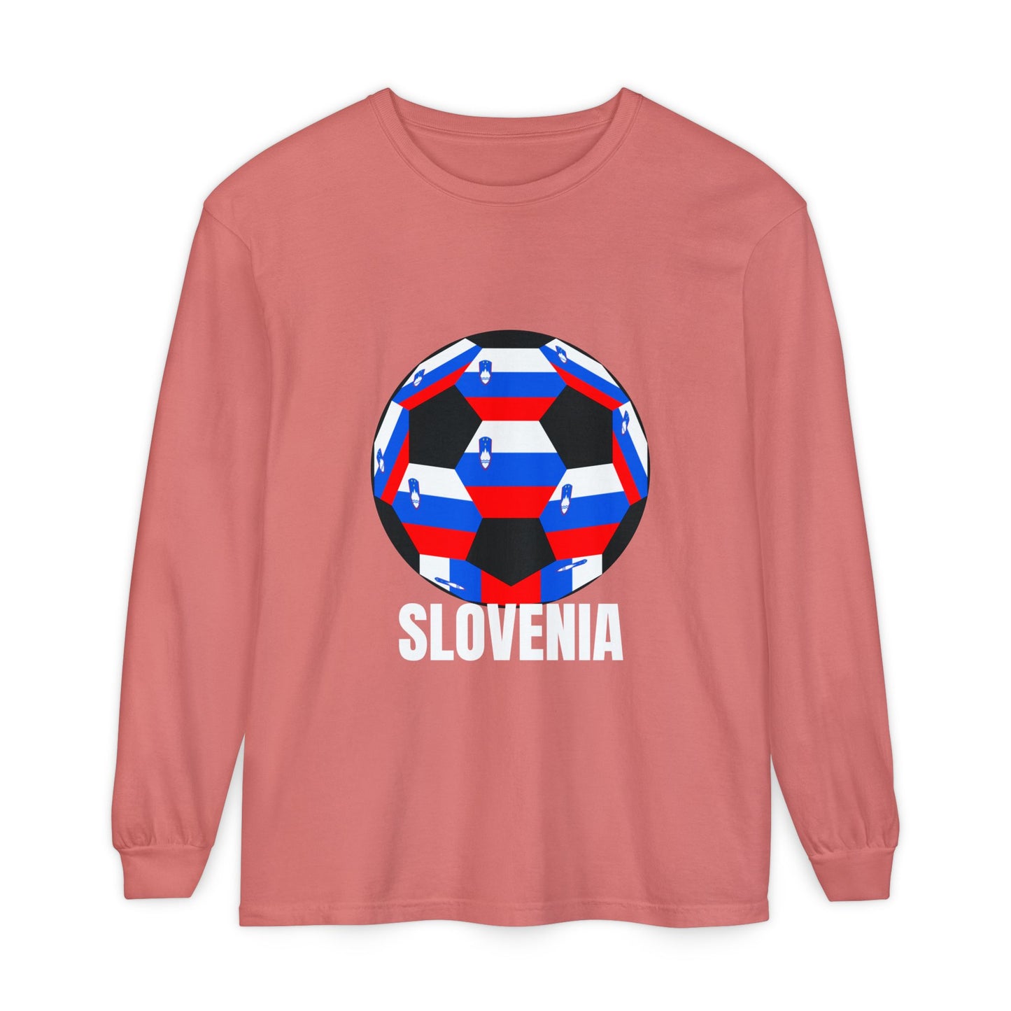 Slovenia Fan Specialty Soccer Ball Design T Shirt Long Sleeve Shirt White Text