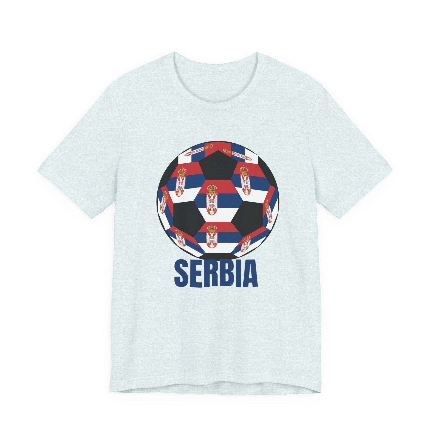 Serbia Fan Specialty Soccer Ball Design T Shirt Blue Text