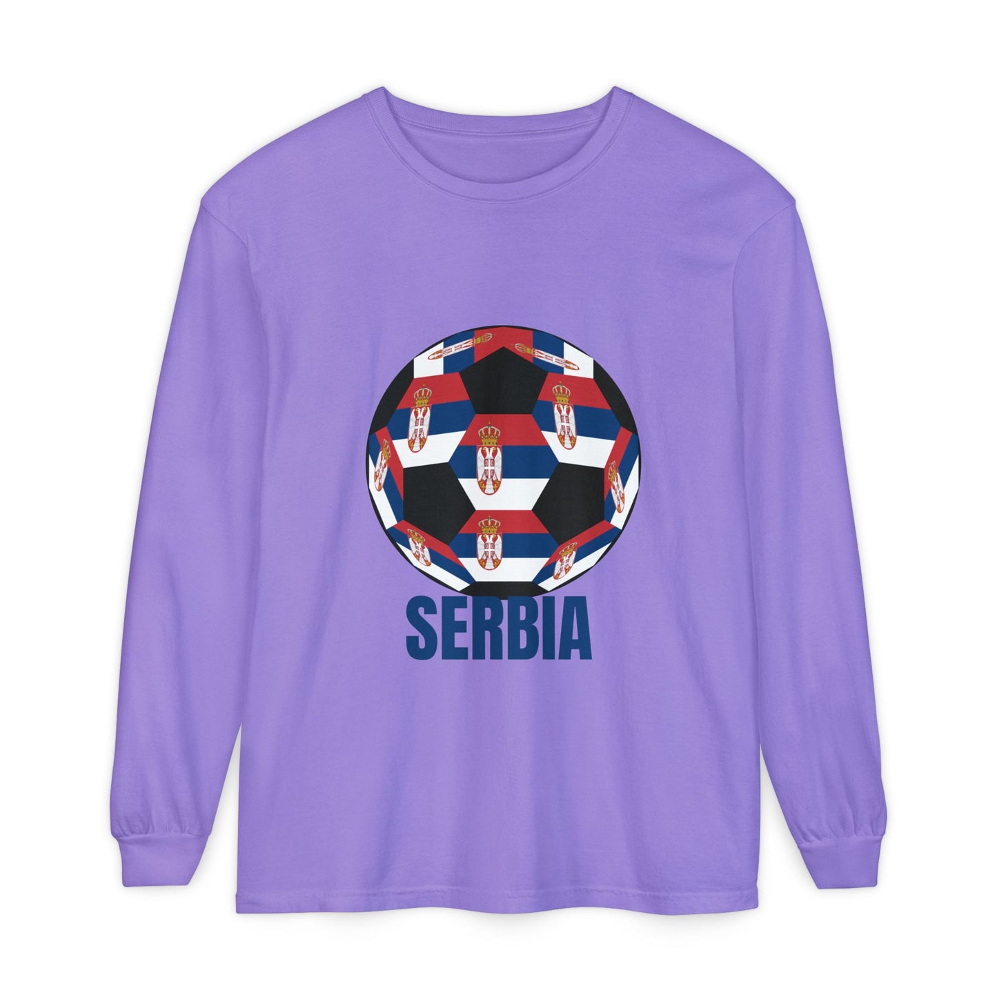 Serbia Fan Specialty Soccer Ball Design T Shirt Long Sleeve Shirt Blue Text
